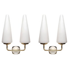 Pair of Italian Vintage White Glass and Brass Stilnovo Wall Lights Sconces 1950s
