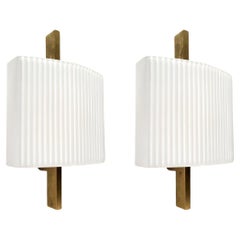 Pair of Italian Vintage White Glass and Brass Stilnovo Wall Lights Sconces 1950s