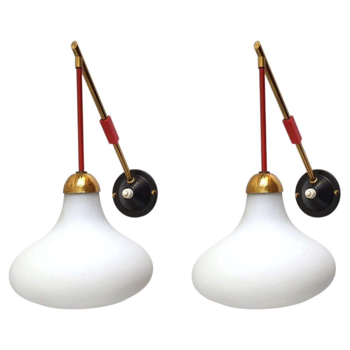 Pair of Italian Vintage White Glass and Brass Stilnovo Wall Lights Sconces 1950s