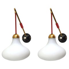 Pair of Italian Vintage White Glass and Brass Stilnovo Wall Lights Sconces 1950s