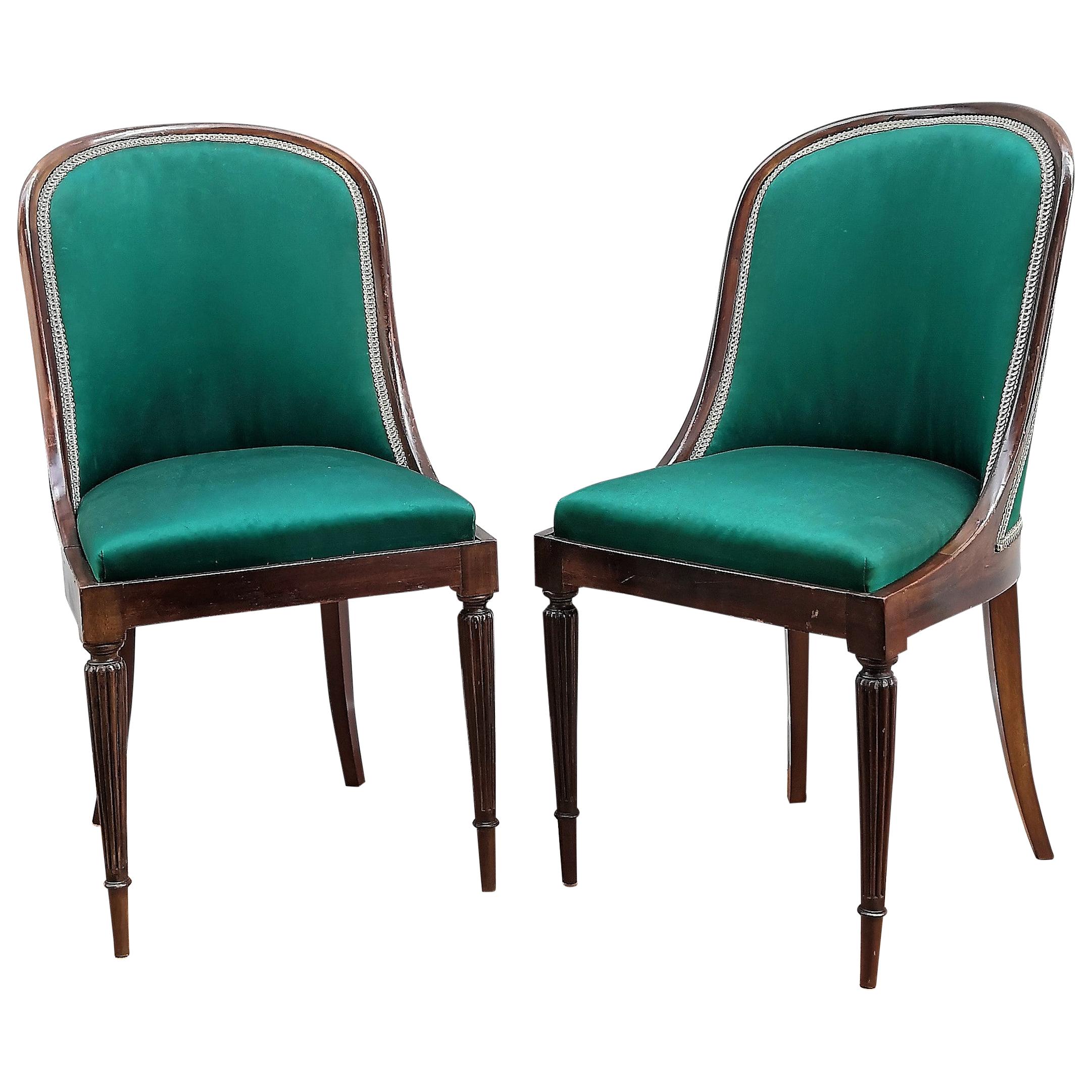 Pair of Italian Vintage Wooden Upholstered Chairs with Curved Back