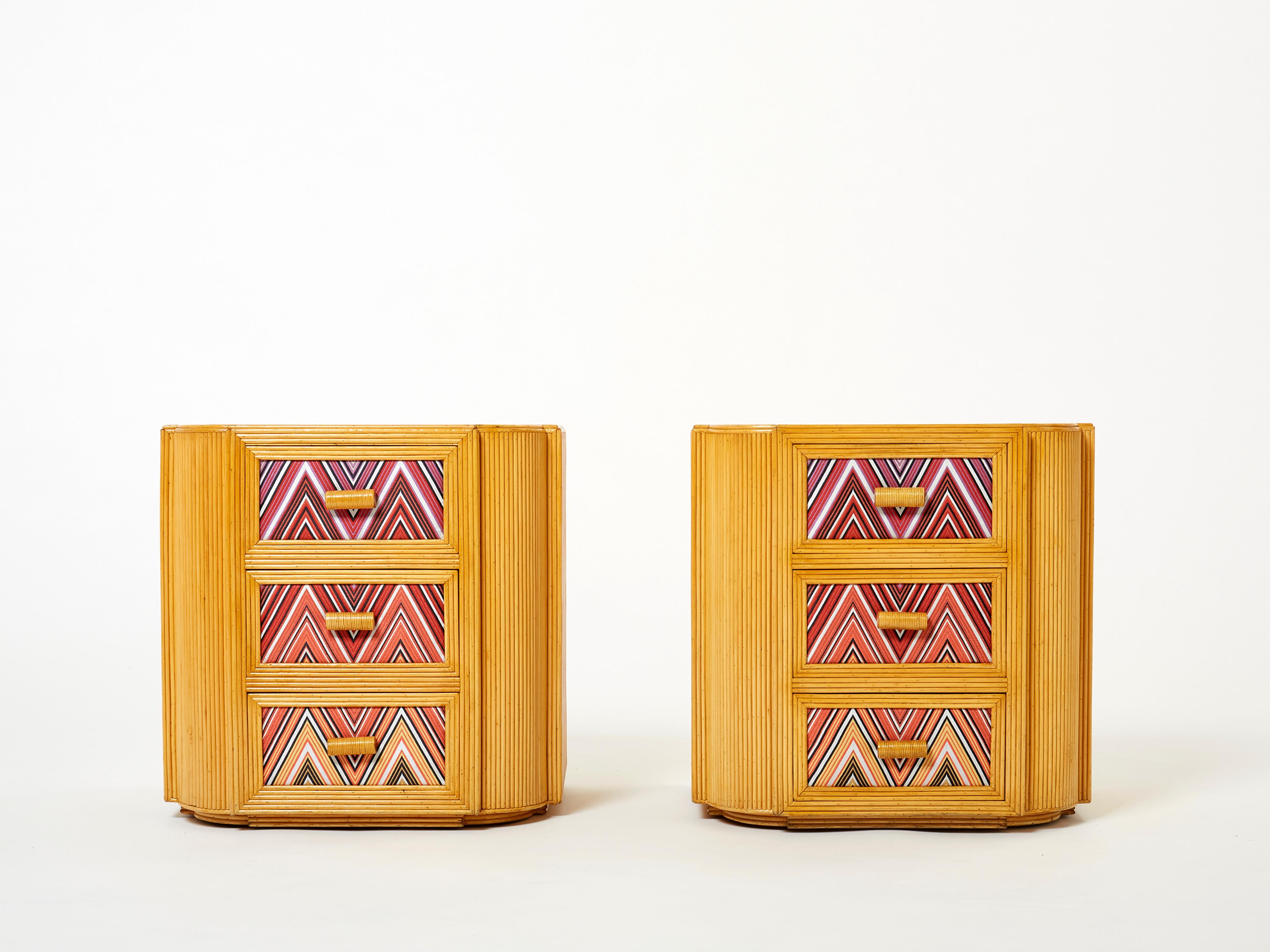 Mid-Century Modern Pair of Italian Vivai del Sud Bamboo Missoni Fabric Night Stands, 1970s For Sale