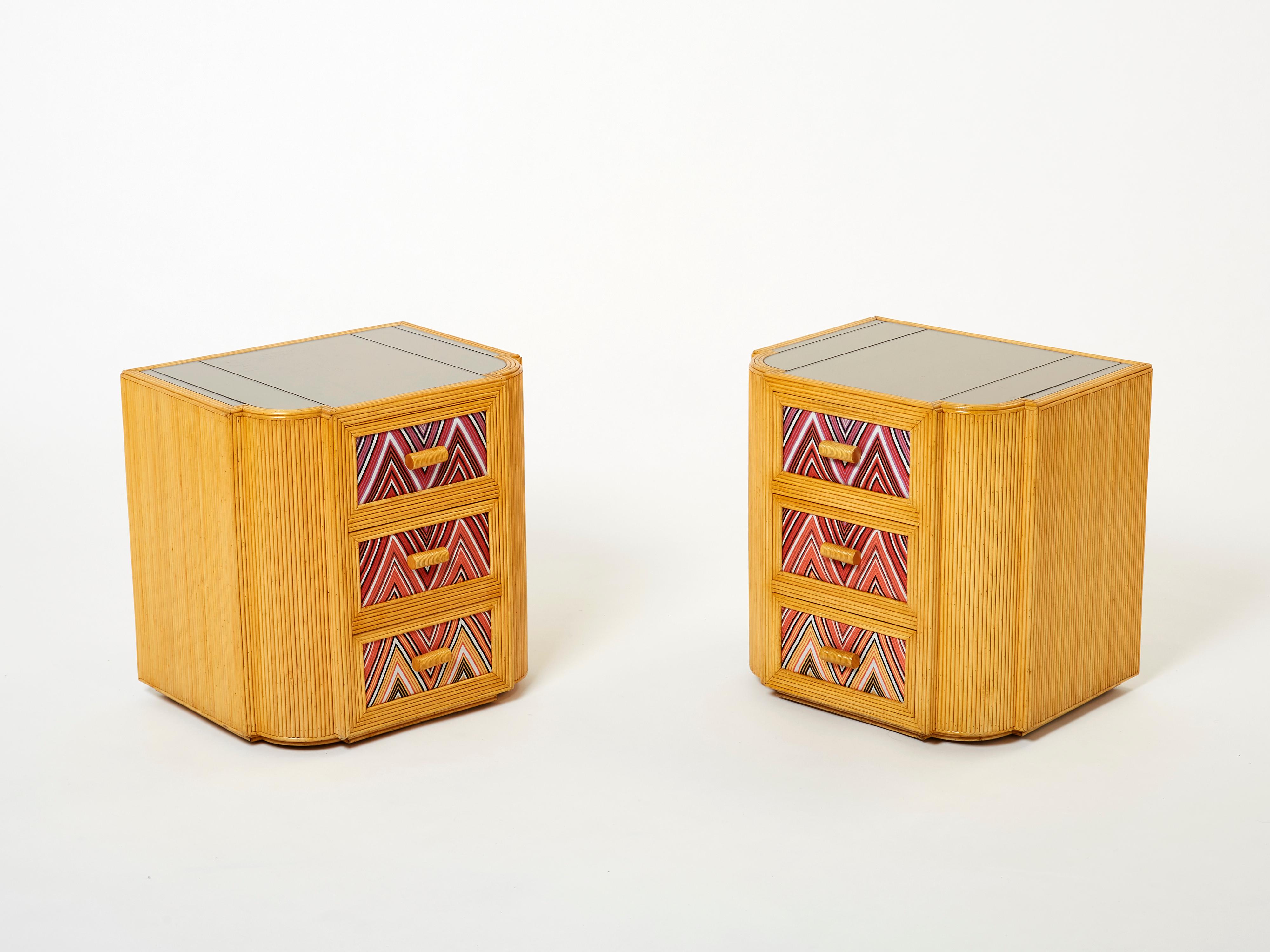 Late 20th Century Pair of Italian Vivai del Sud Bamboo Missoni Fabric Night Stands, 1970s For Sale