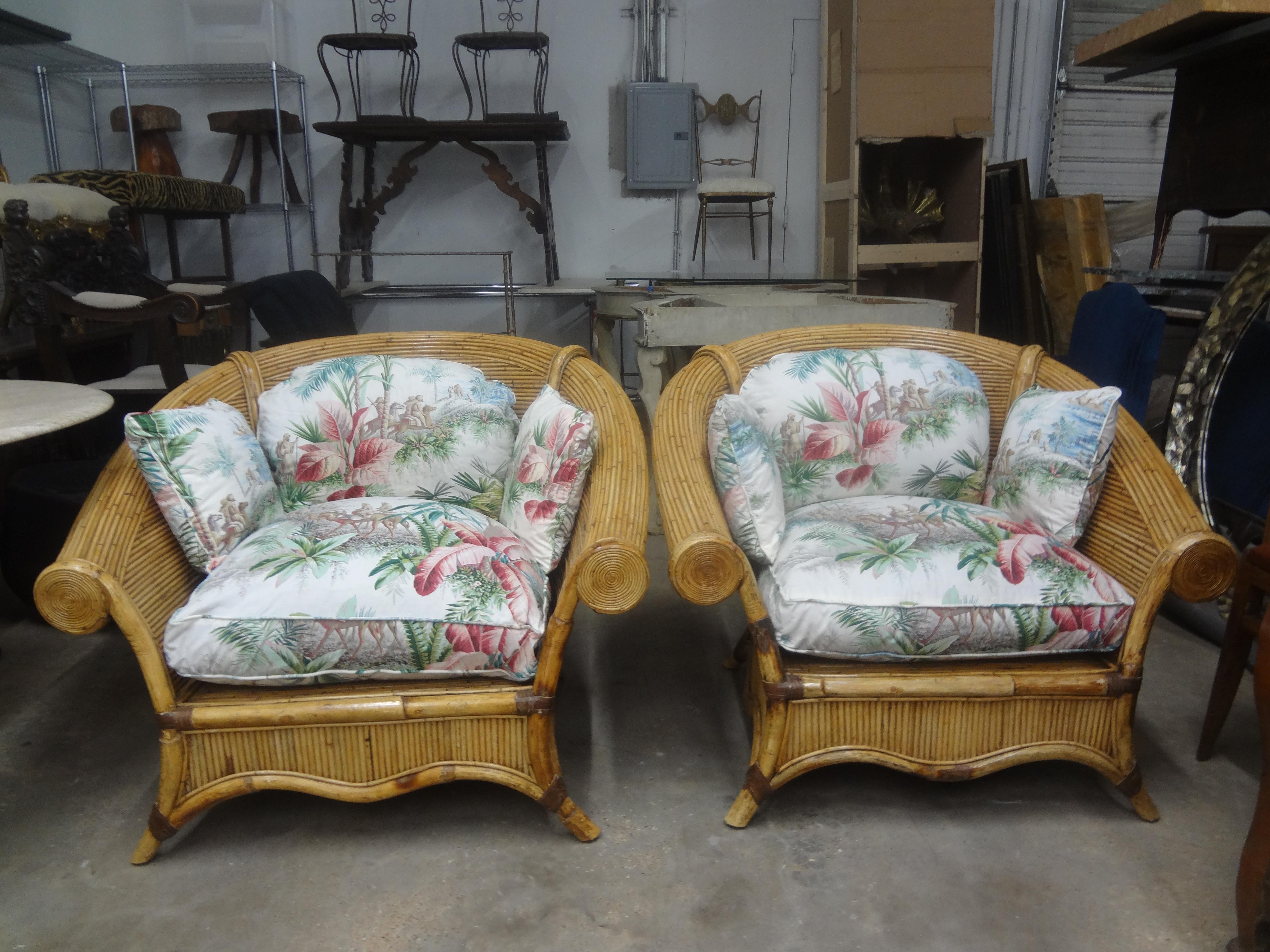 Pair Of Italian Vivai Del Sud Pencil Reed Lounge Chairs.
This large pair of Italian Organic Modern curvaceous lounge chairs are in very good vintage condition, extremely comfortable and have newly made Pierre Frey fabric cushions.
This pair of