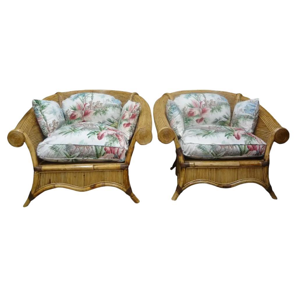 Pair of Italian Vivai Del Sud Pencil Reed Lounge Chairs