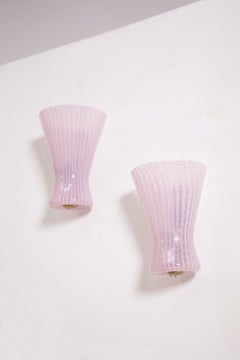Pair of Italian Wall Lamps by Venini in Pink Zanfirico Glass and Brass