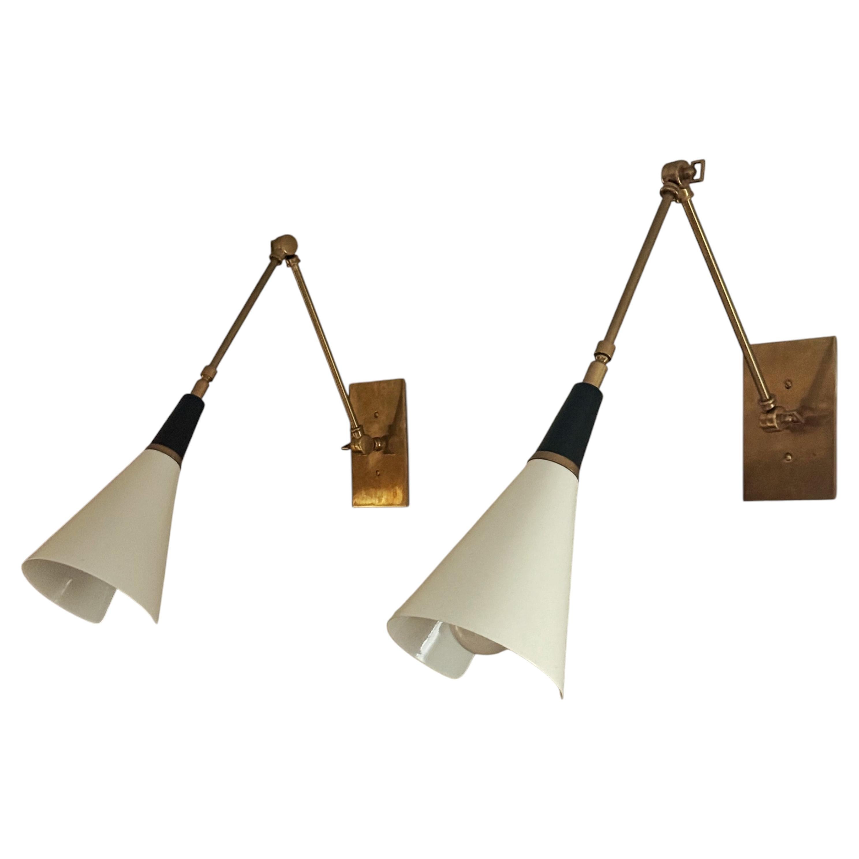 Pair of Italian Wall Lamps in Brass and Black & Ivory Lacquer, Stilnovo Style