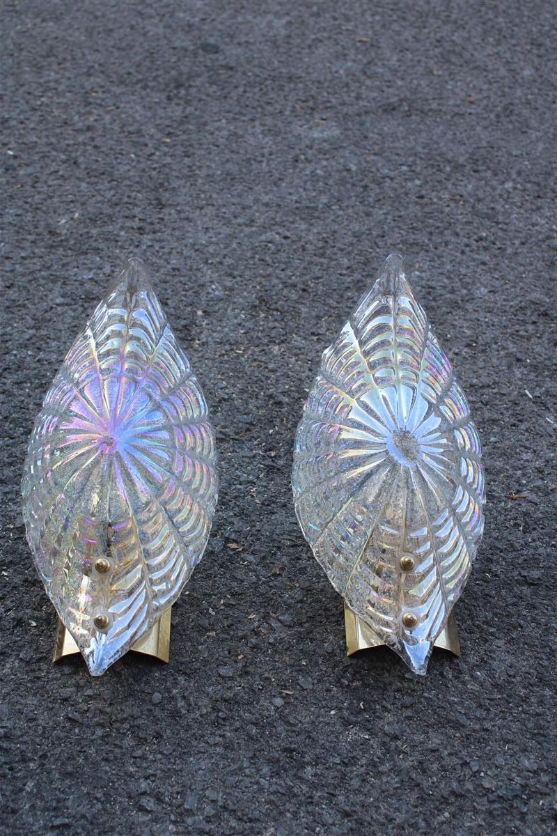 Pair of Italian wall lamps in Iridescent Murano glass and brass 1970s Seasheel.