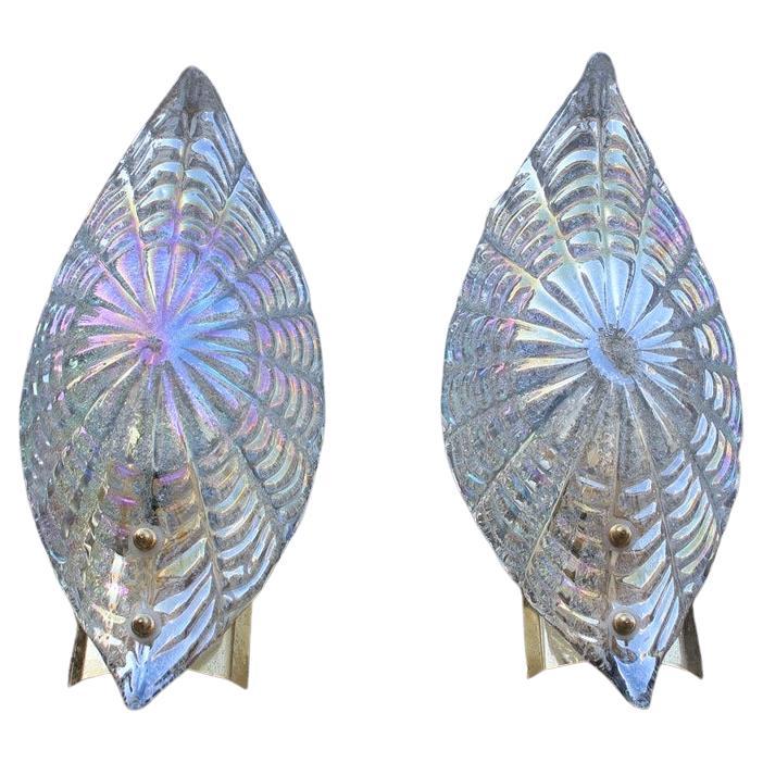 Pair of Italian Wall Lamps in Iridescent Murano Glass and Brass 1970s Seasheel For Sale
