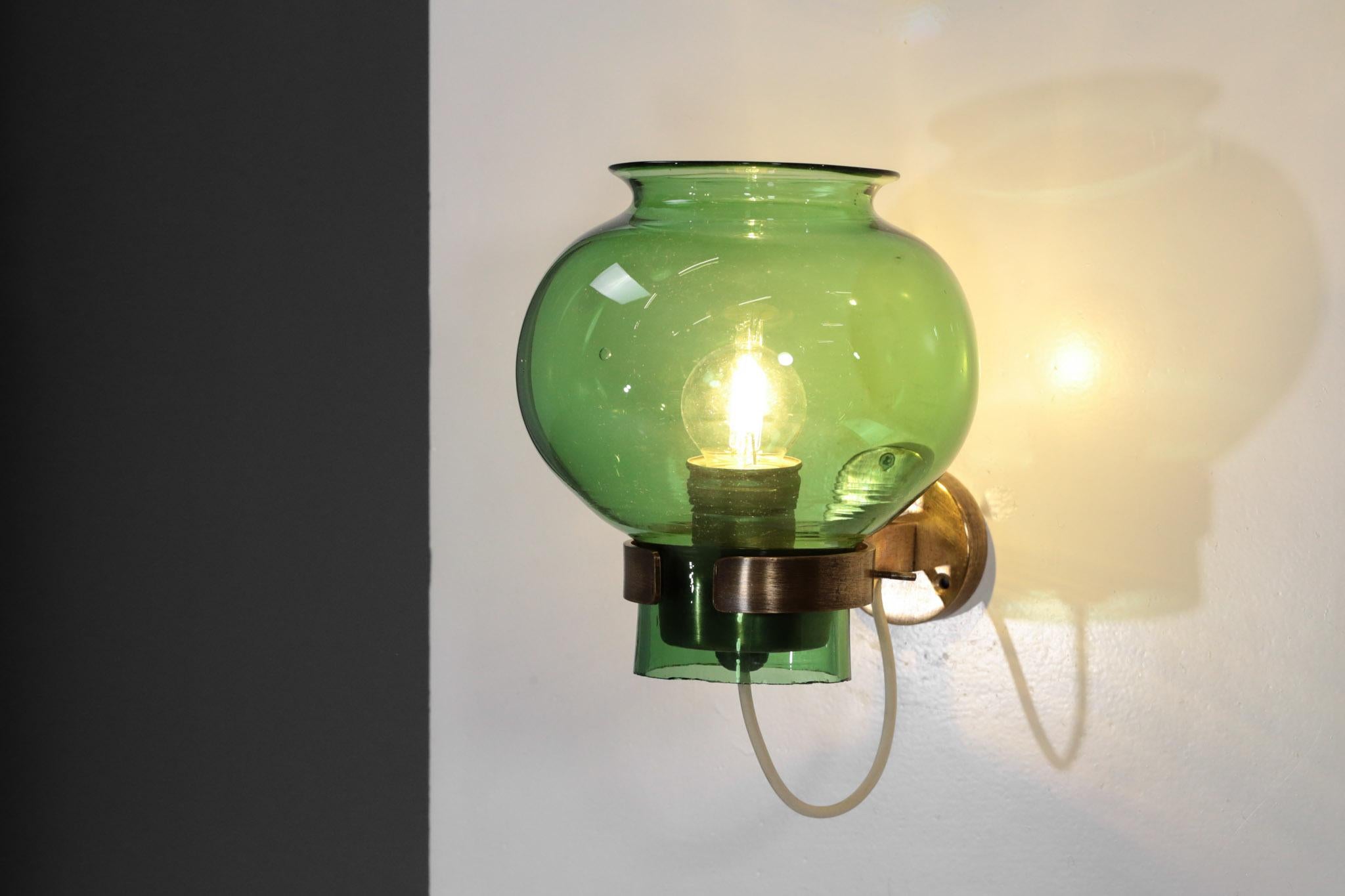 Pair of Italian Wall Lights Green Glass and Brass 5