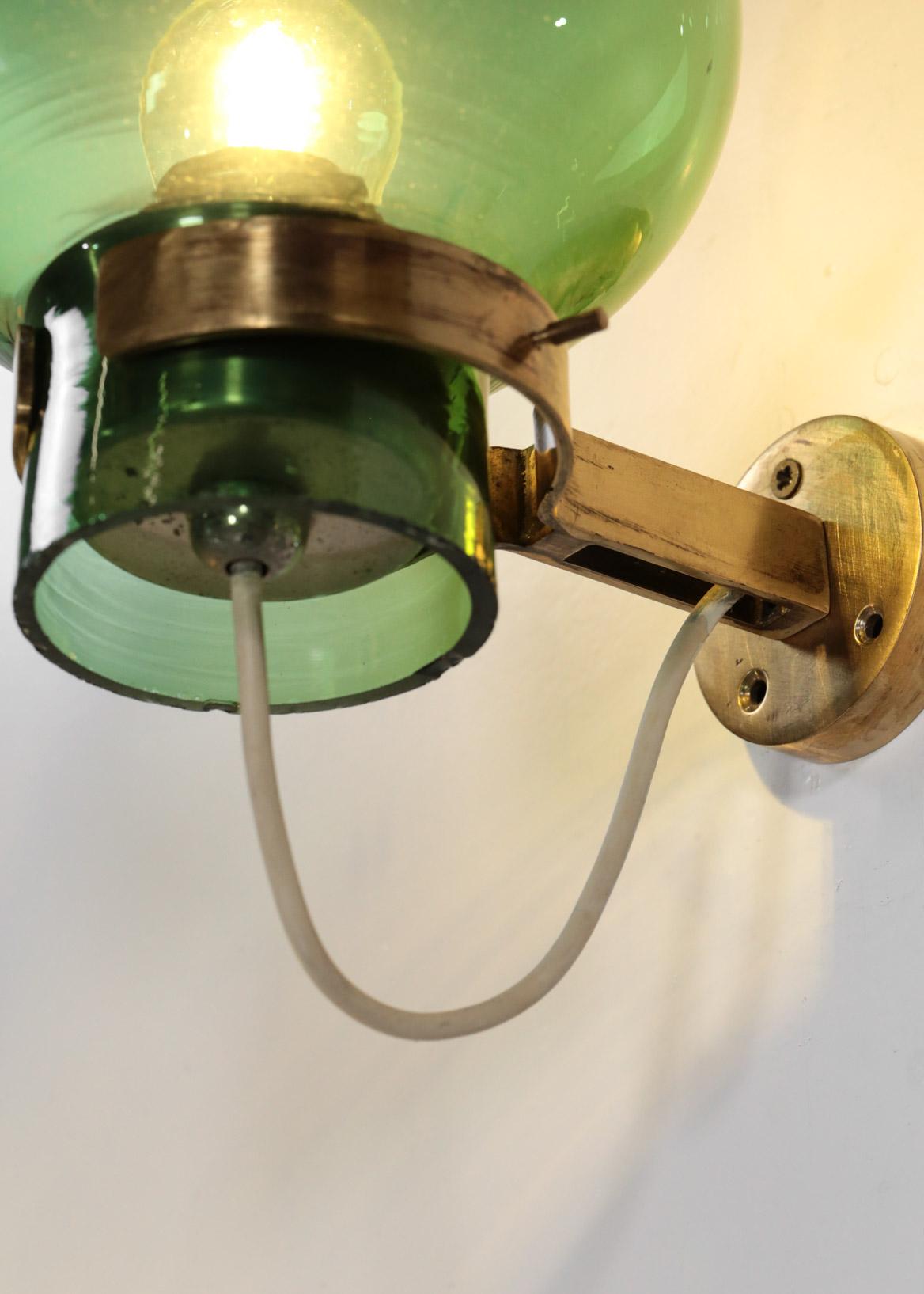 Pair of Italian Wall Lights Green Glass and Brass 6