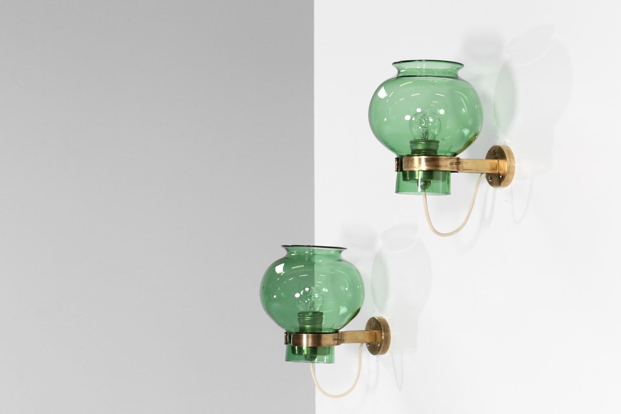 Pair of Italian Wall Lights Green Glass and Brass 1
