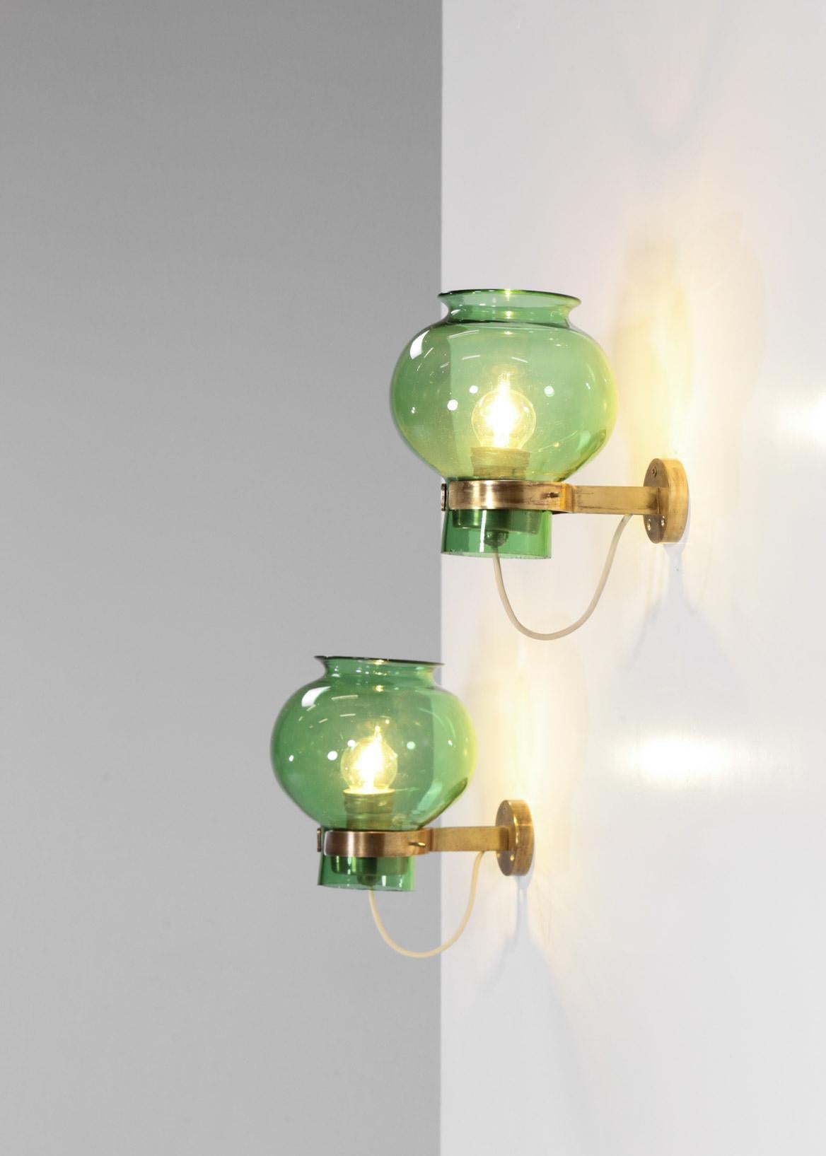 Pair of Italian Wall Lights Green Glass and Brass 2