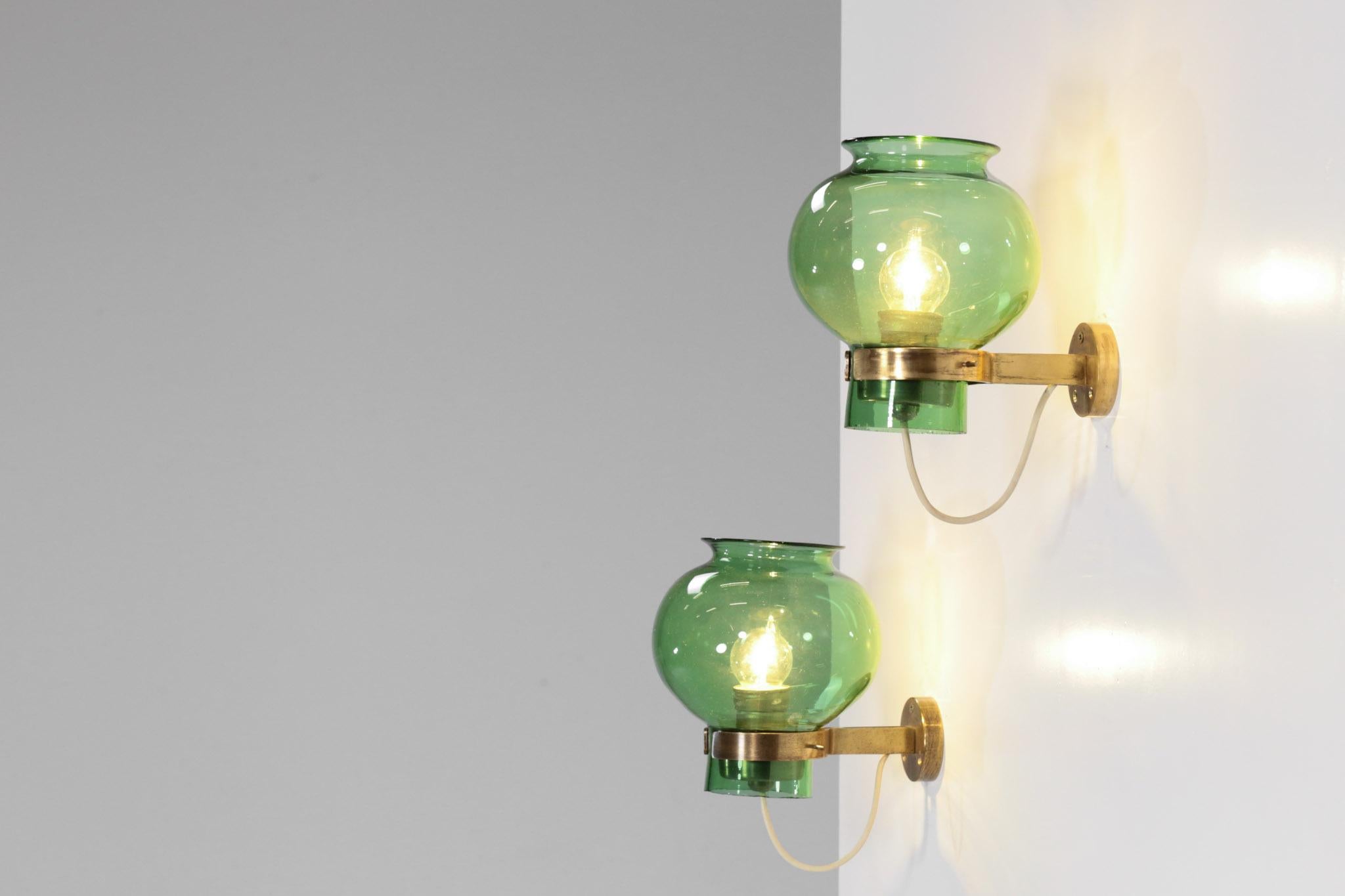 Pair of Italian Wall Lights Green Glass and Brass 3
