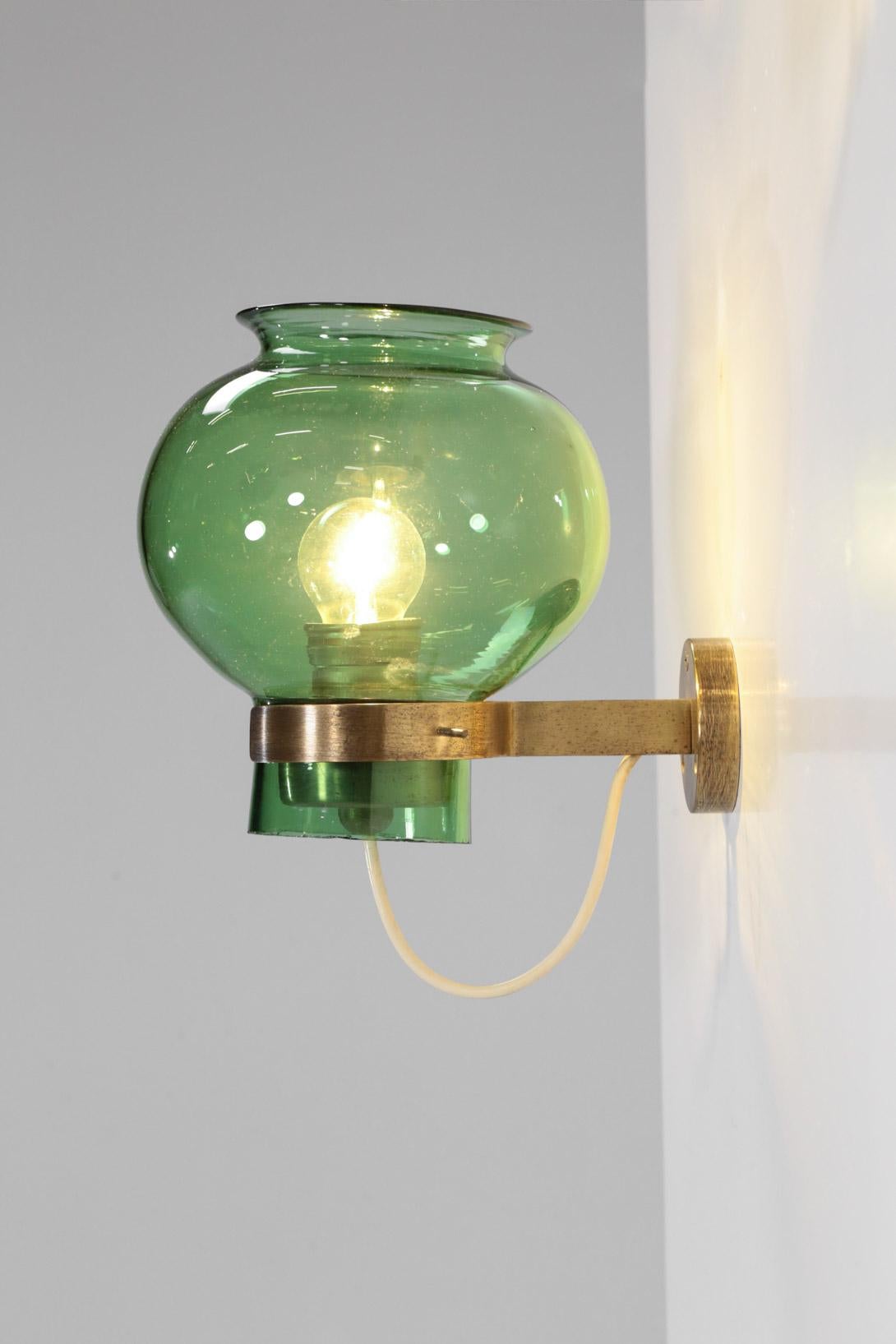 Pair of Italian Wall Lights Green Glass and Brass 4