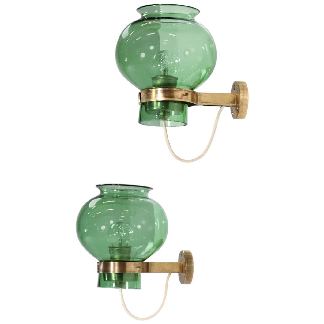 Pair of Italian Wall Lights Green Glass and Brass