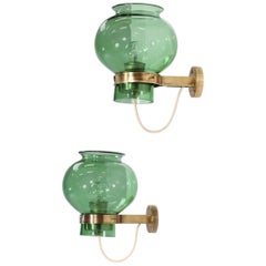 Pair of Italian Wall Lights Green Glass and Brass