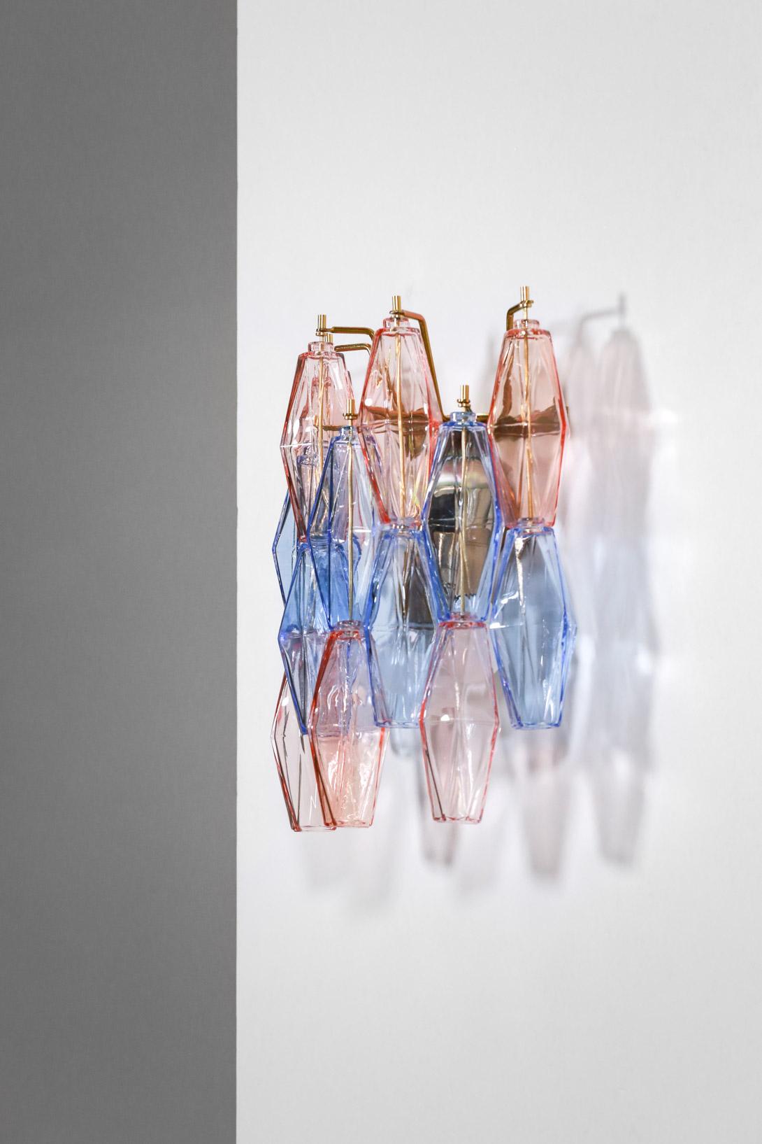 Pair of Italian Wall Lights in Pink and Blue Polyhedra in Murano Glass 
