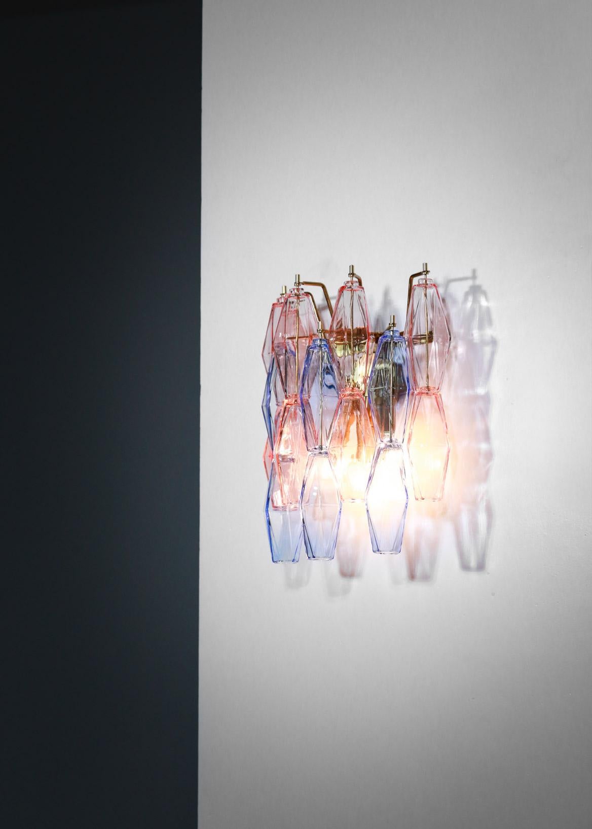Metal Pair of Italian Wall Lights in Pink and Blue Polyhedra in Murano Glass 