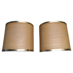Pair of Italian Wall Lights in Straw and Brass 1970s Concave Animalier