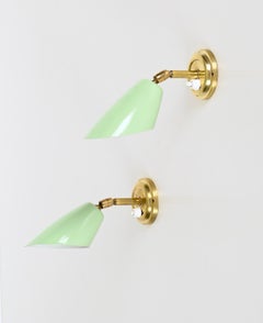 Pair of Italian Wall Lights Sconces in Brass and Green Metal by G. Ostuni, 1950s