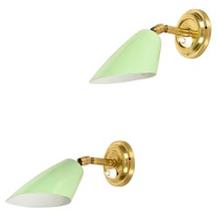 Pair of Italian Wall Lights Sconces in Brass and Green Metal by G. Ostuni, 1950s