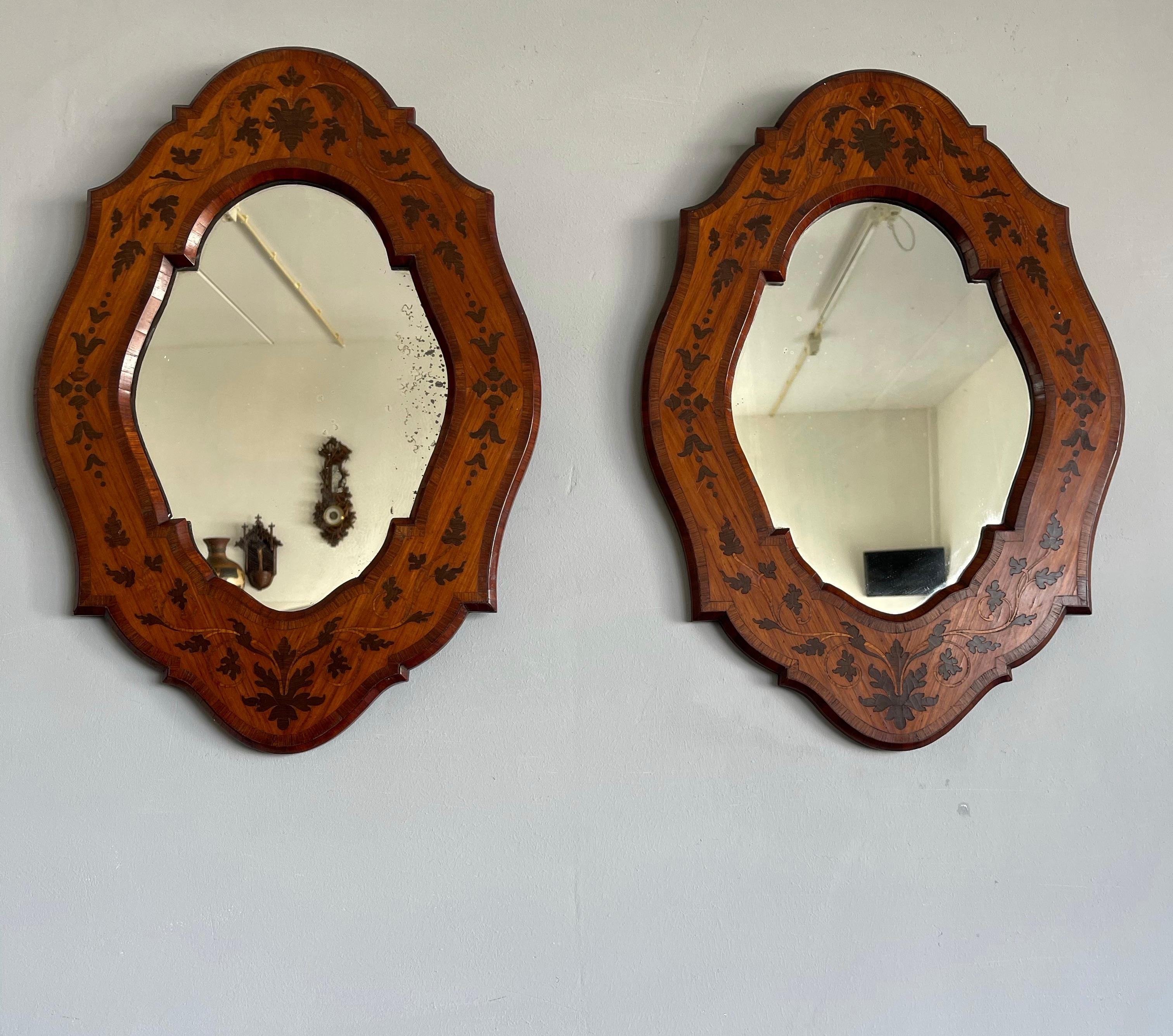 Unique Pair of Italian Wall Mirrors Kingwood Marquetry Inlay Frames, circa 1870 For Sale 11