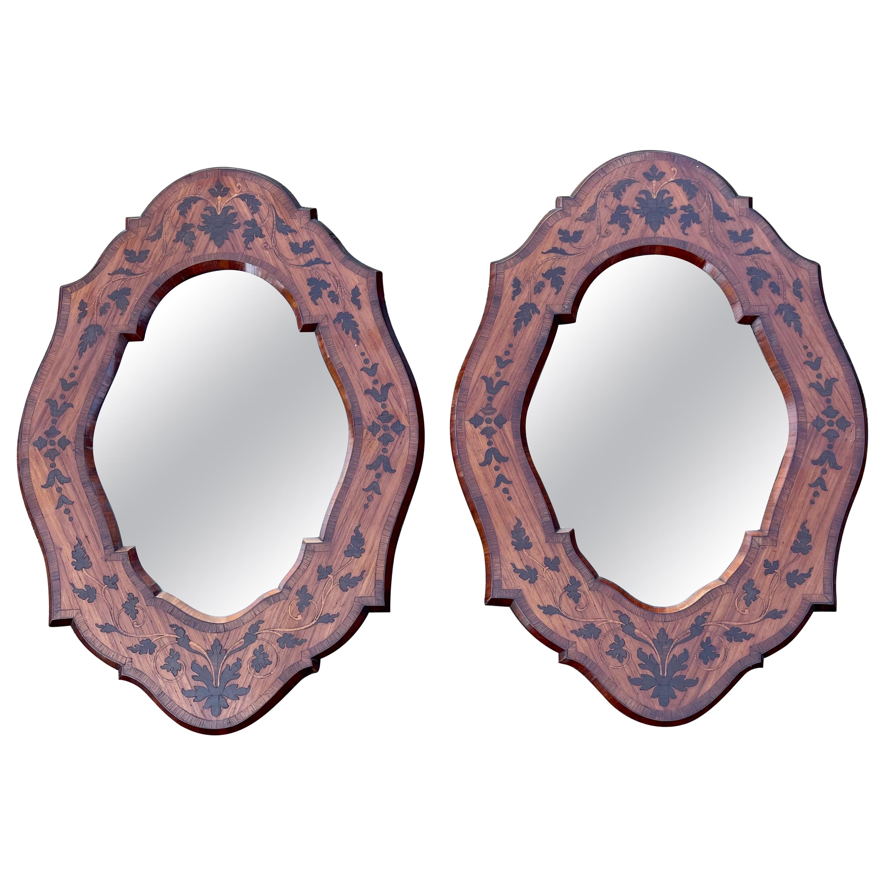 Unique Pair of Italian Wall Mirrors Kingwood Marquetry Inlay Frames, circa 1870 For Sale
