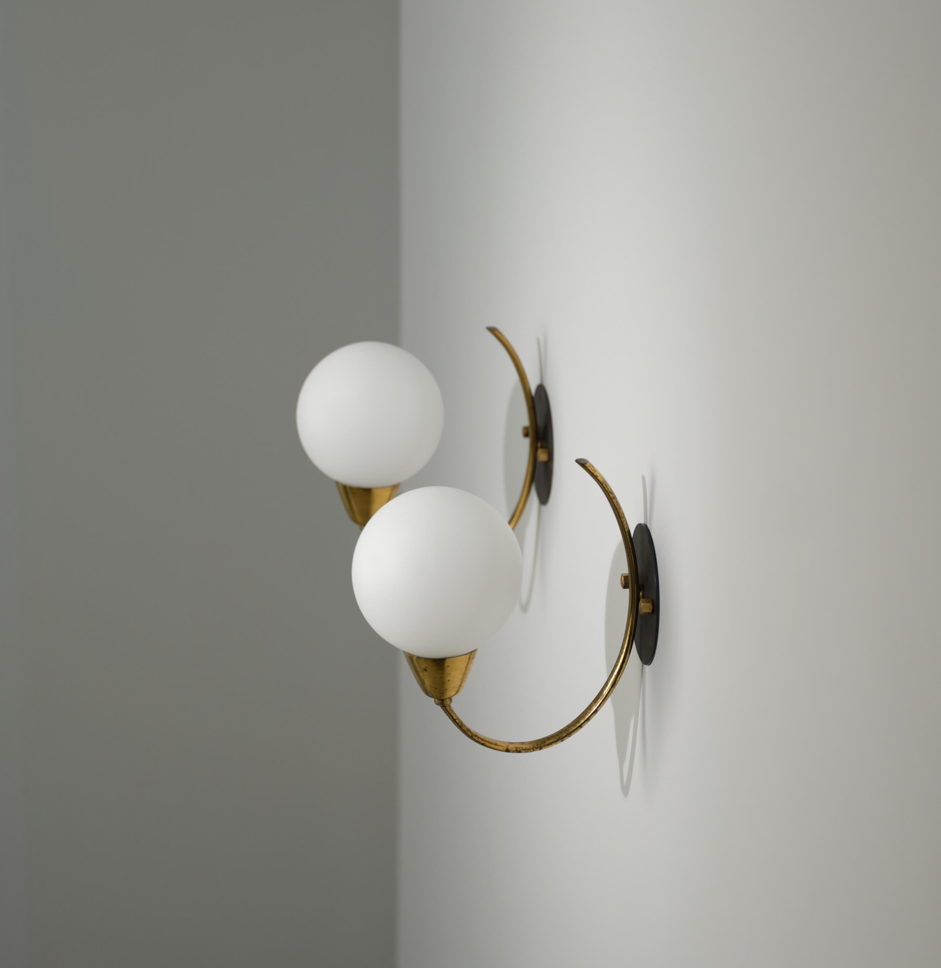 Metal Pair of Italian Wall Sconces in Brass and Burnished Steel with Opaline Glass