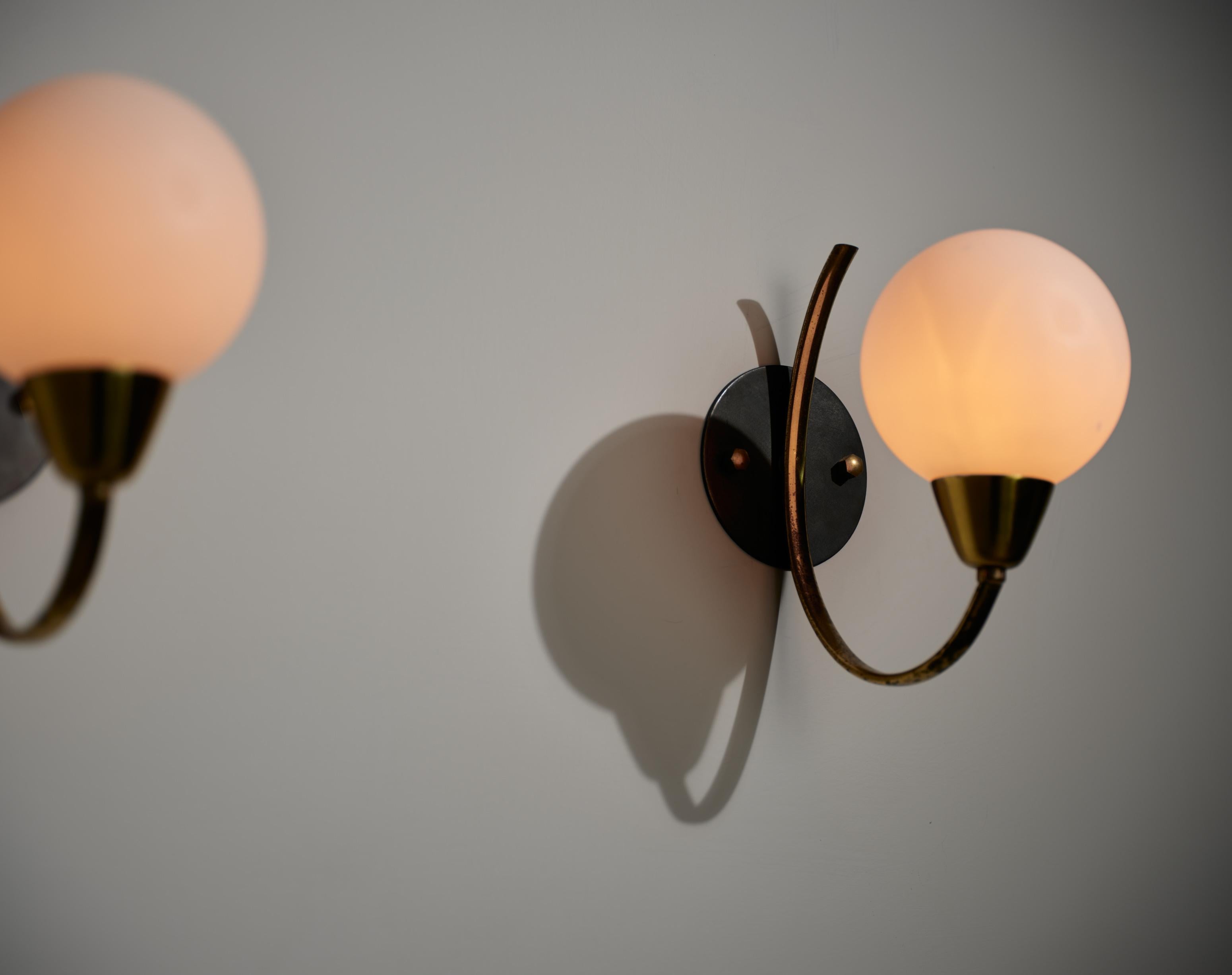 Pair of Italian Wall Sconces in Brass and Burnished Steel with Opaline Glass 2