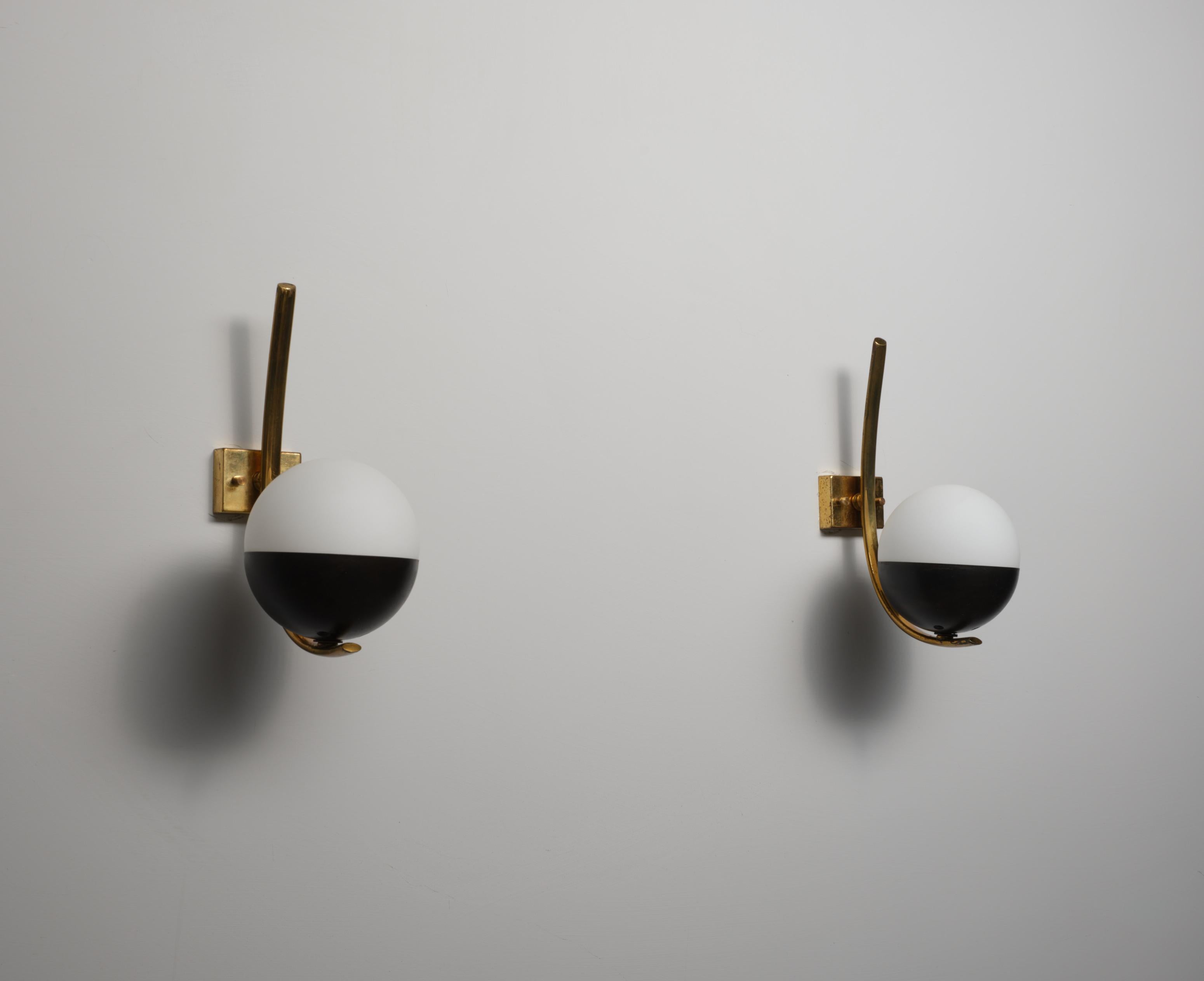Metal Pair of Italian Wall Sconces in Brass and Opaline Glass, 1950s For Sale