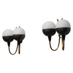 Pair of Italian Wall Sconces in Brass and Opaline Glass, 1950s