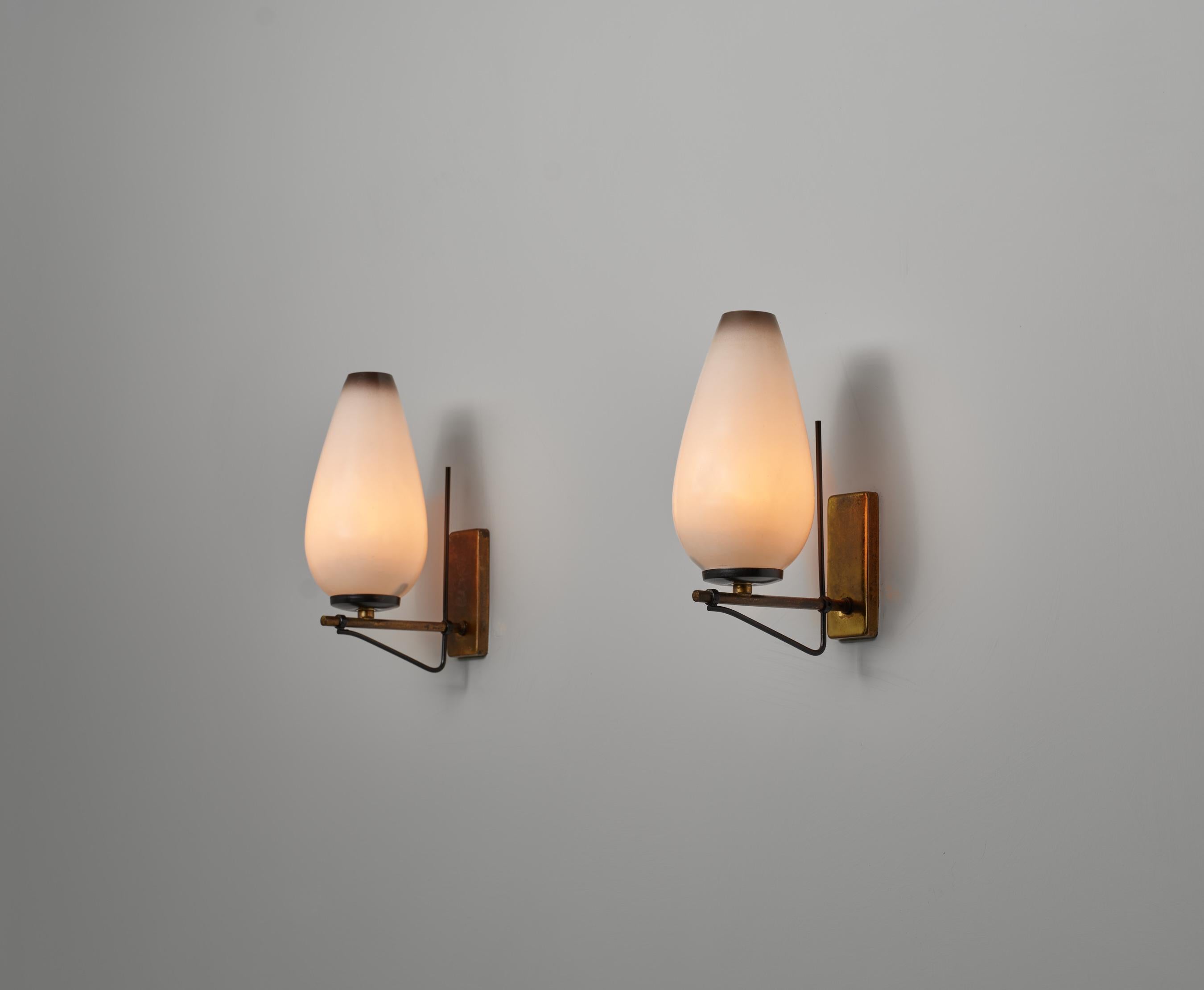 Mid-20th Century Pair of Italian Wall Sconces in Brass, Black Enamel and Opaline Glass, 1950s
