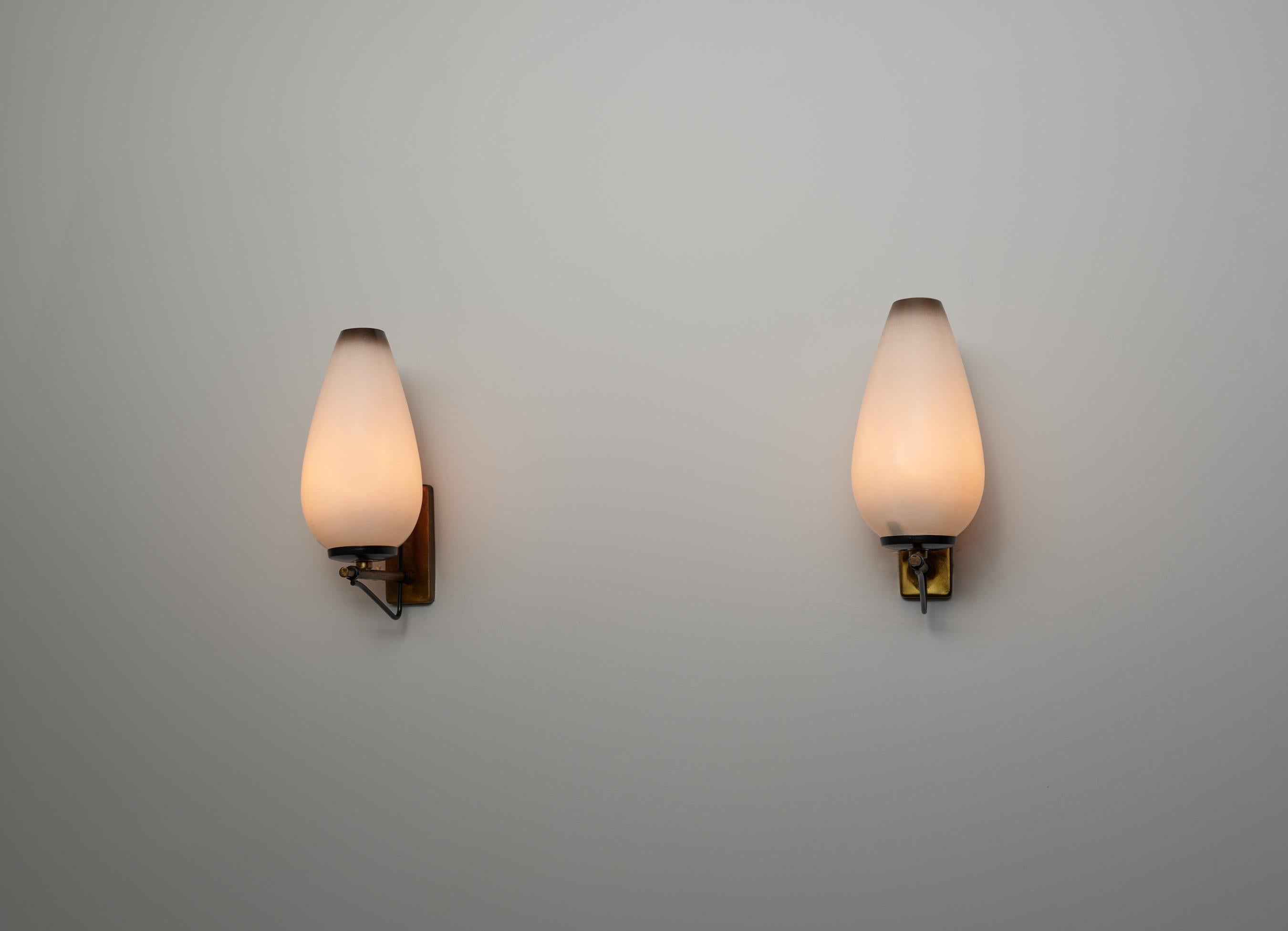 Metal Pair of Italian Wall Sconces in Brass, Black Enamel and Opaline Glass, 1950s