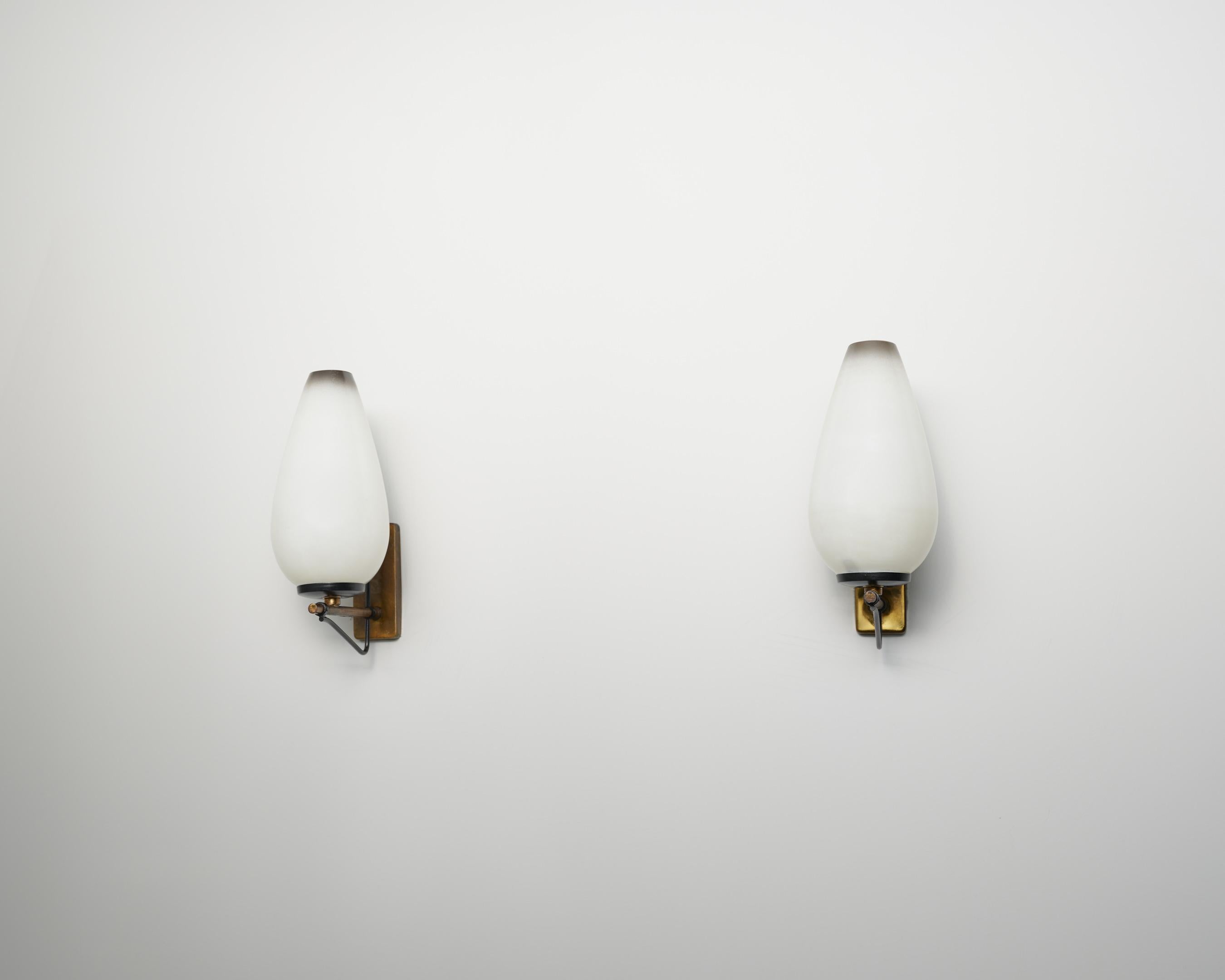 Pair of Italian Wall Sconces in Brass, Black Enamel and Opaline Glass, 1950s 1