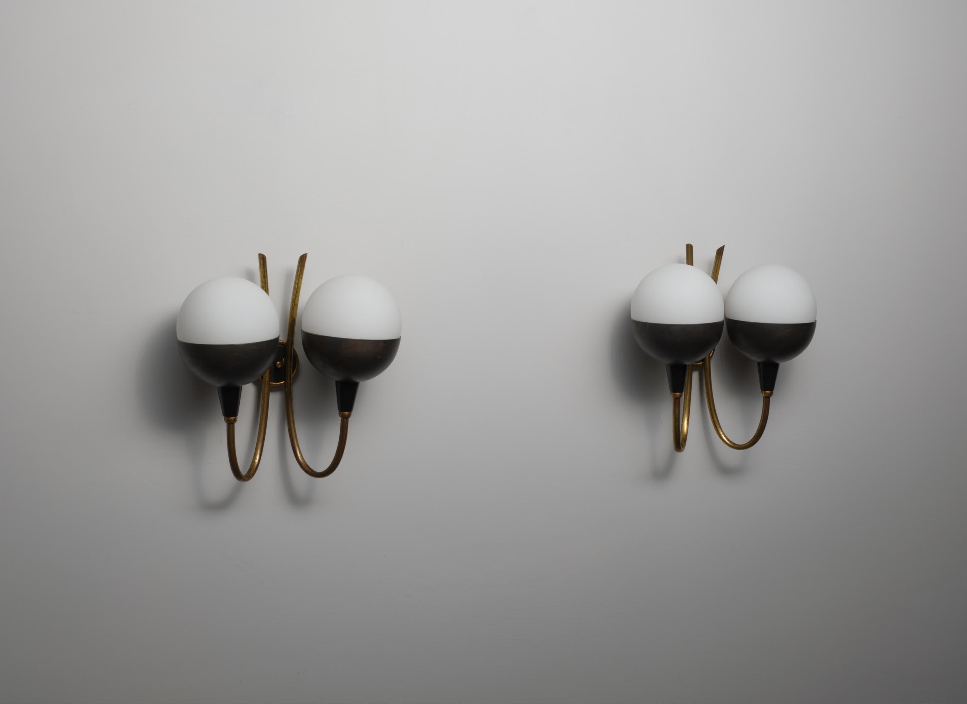 Pair of Italian Wall Sconces in Brass, Burnished Iron and Opaline Glass, 1950s For Sale 4