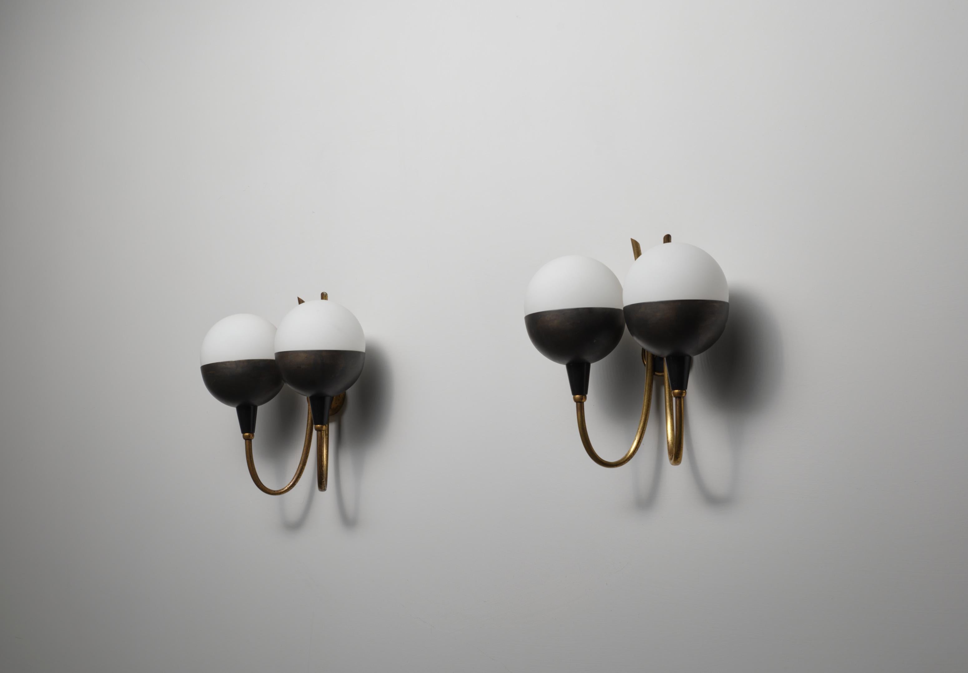 Mid-20th Century Pair of Italian Wall Sconces in Brass, Burnished Iron and Opaline Glass, 1950s For Sale