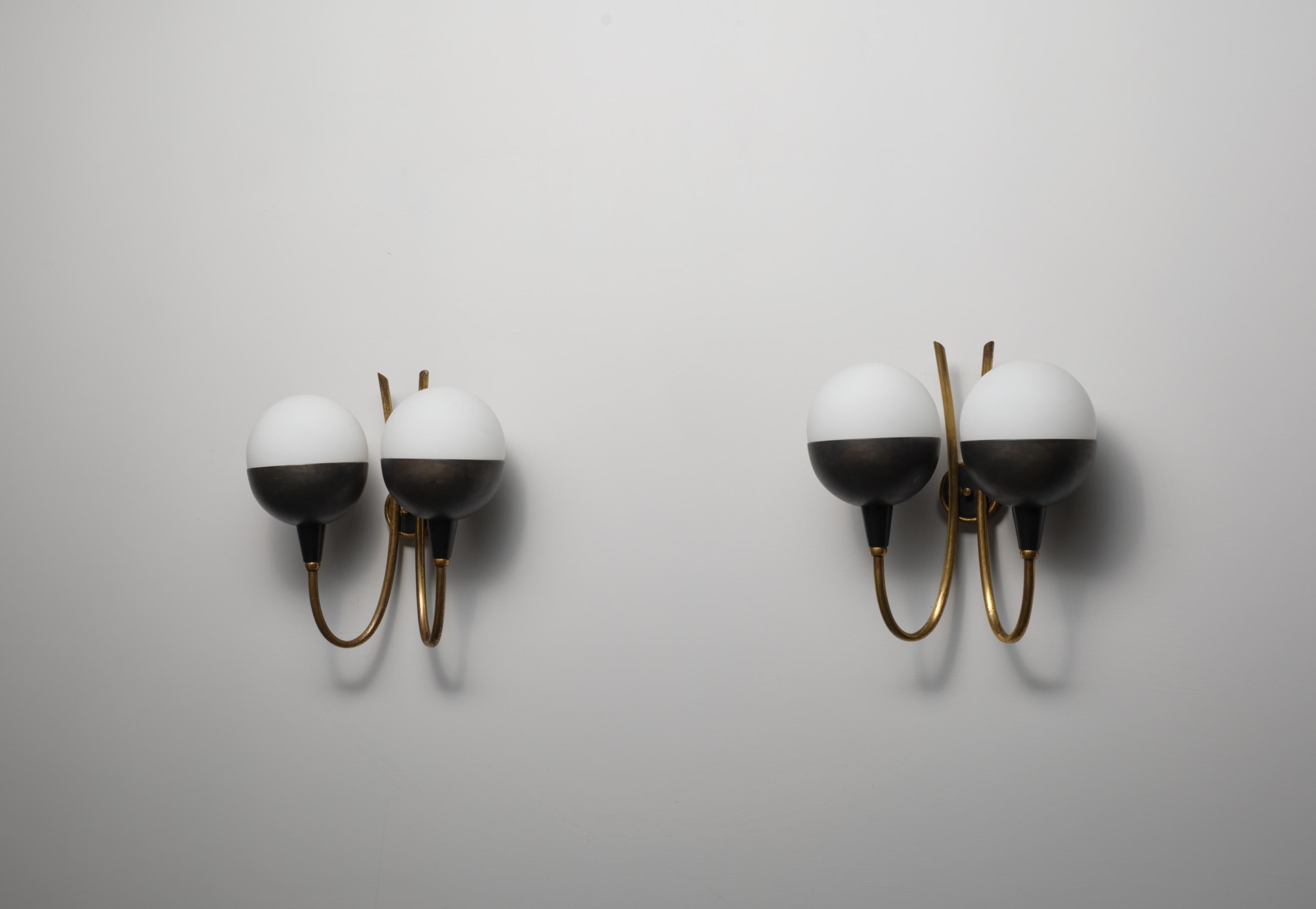 Metal Pair of Italian Wall Sconces in Brass, Burnished Iron and Opaline Glass, 1950s For Sale