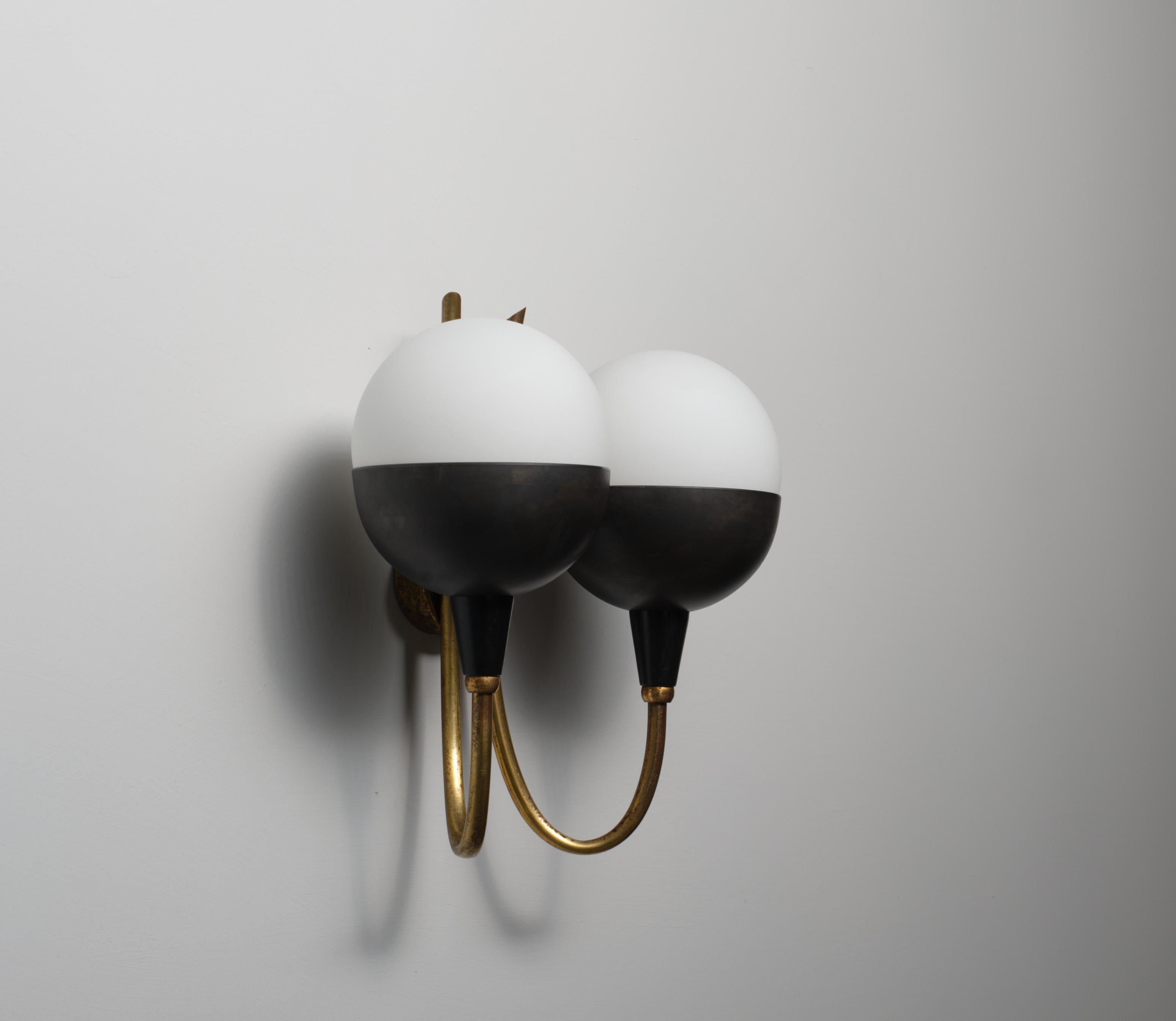 Pair of Italian Wall Sconces in Brass, Burnished Iron and Opaline Glass, 1950s For Sale 1