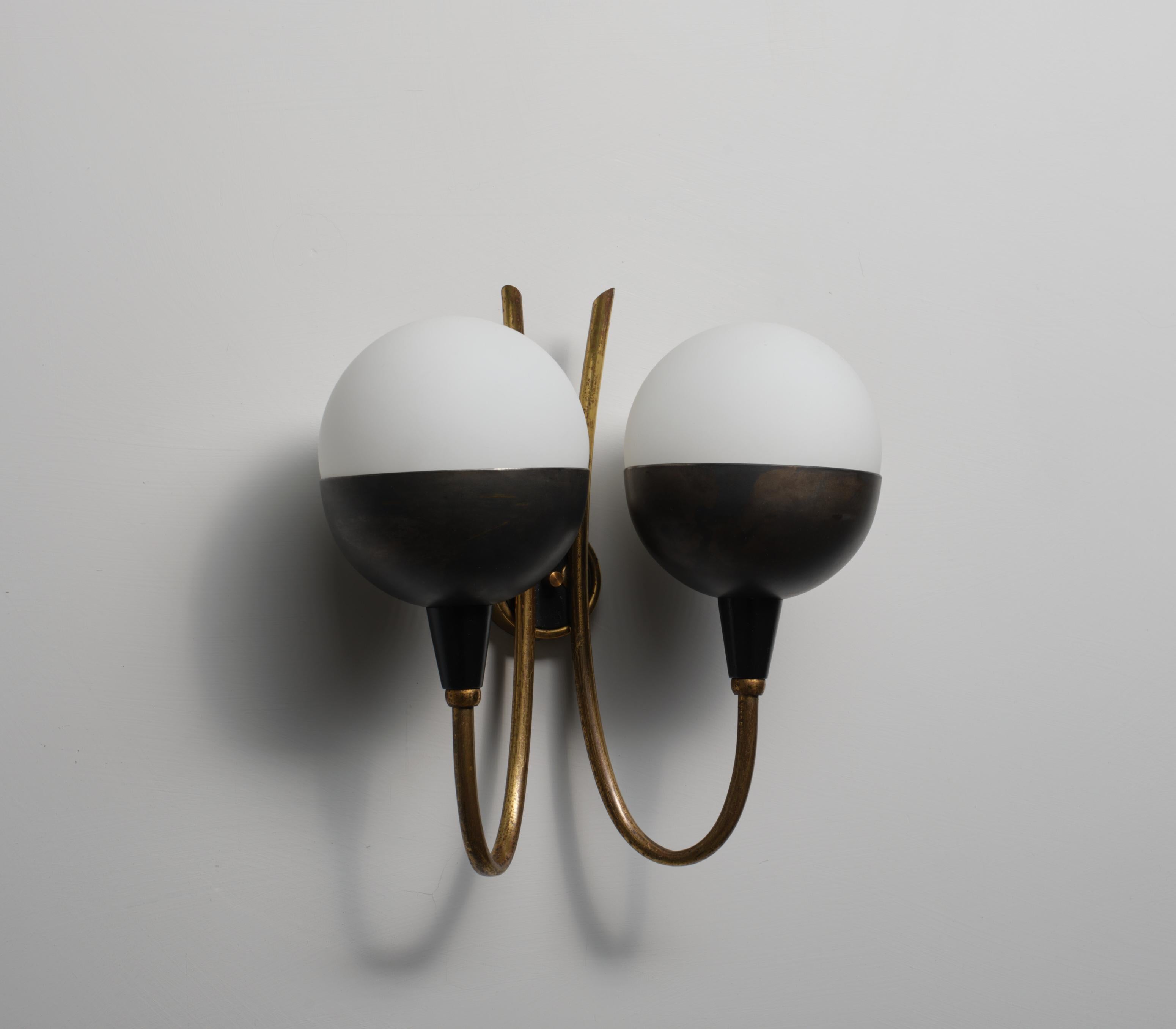 Pair of Italian Wall Sconces in Brass, Burnished Iron and Opaline Glass, 1950s For Sale 2