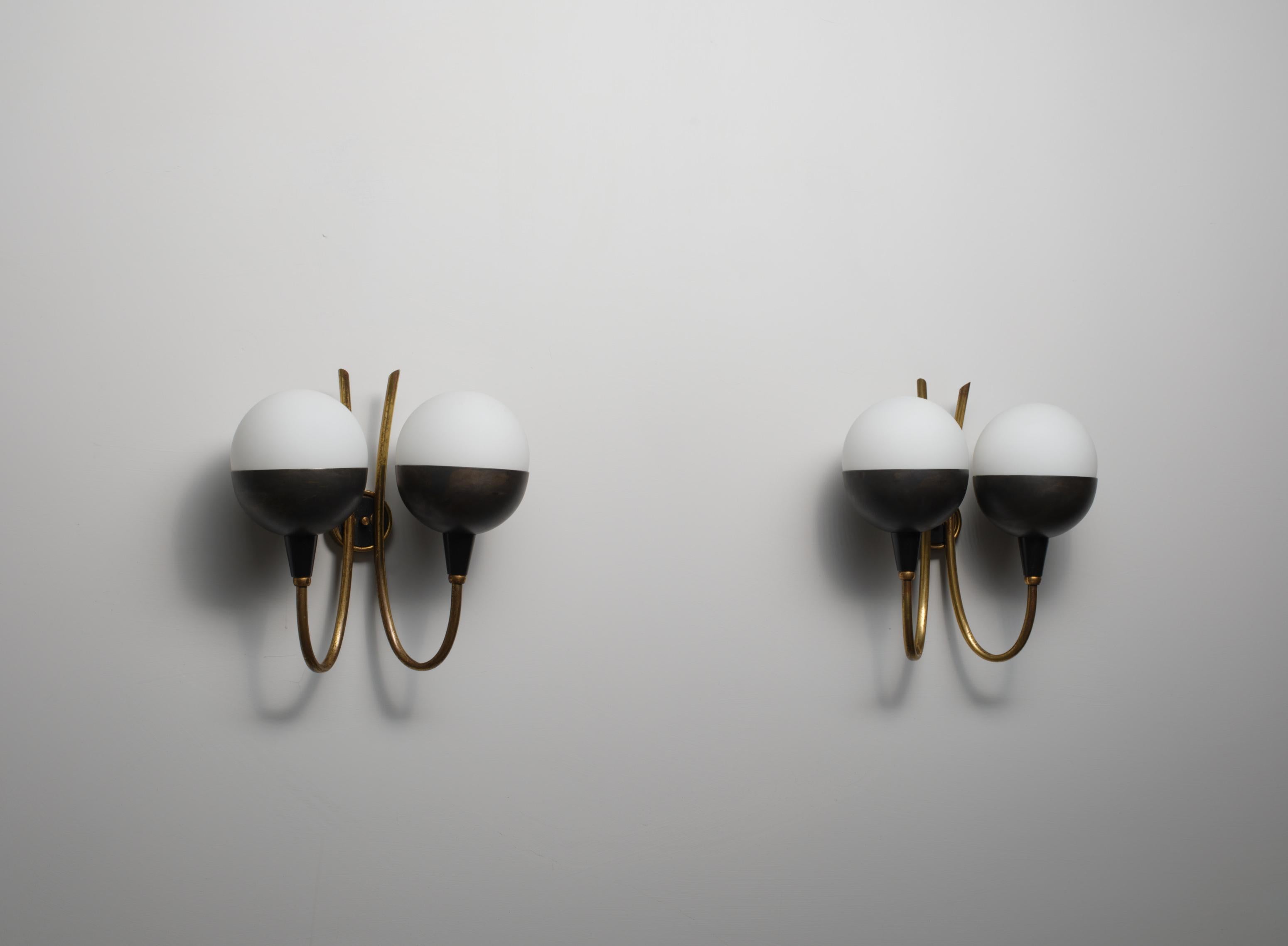 Pair of Italian Wall Sconces in Brass, Burnished Iron and Opaline Glass, 1950s For Sale 3