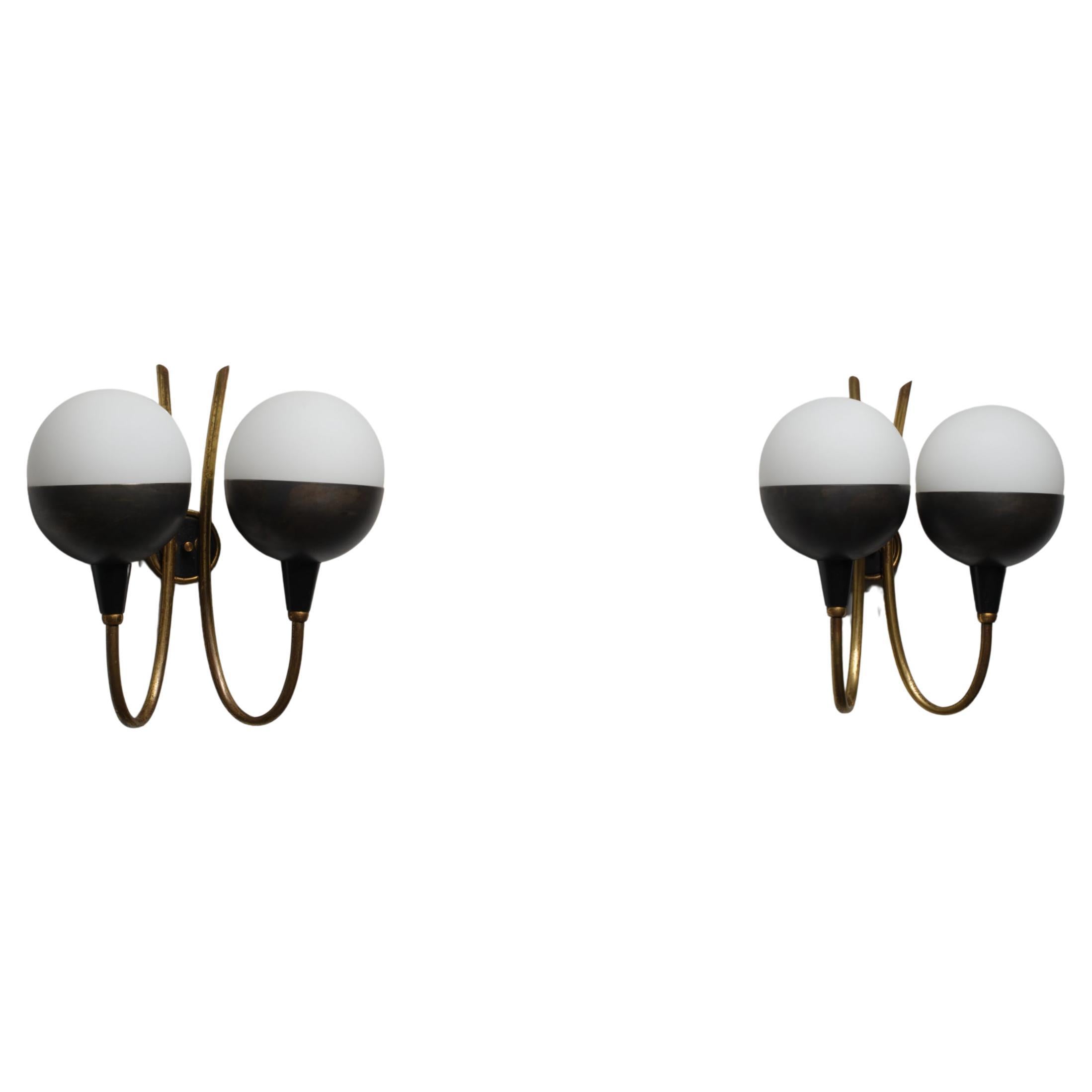 Pair of Italian Wall Sconces in Brass, Burnished Iron and Opaline Glass, 1950s
