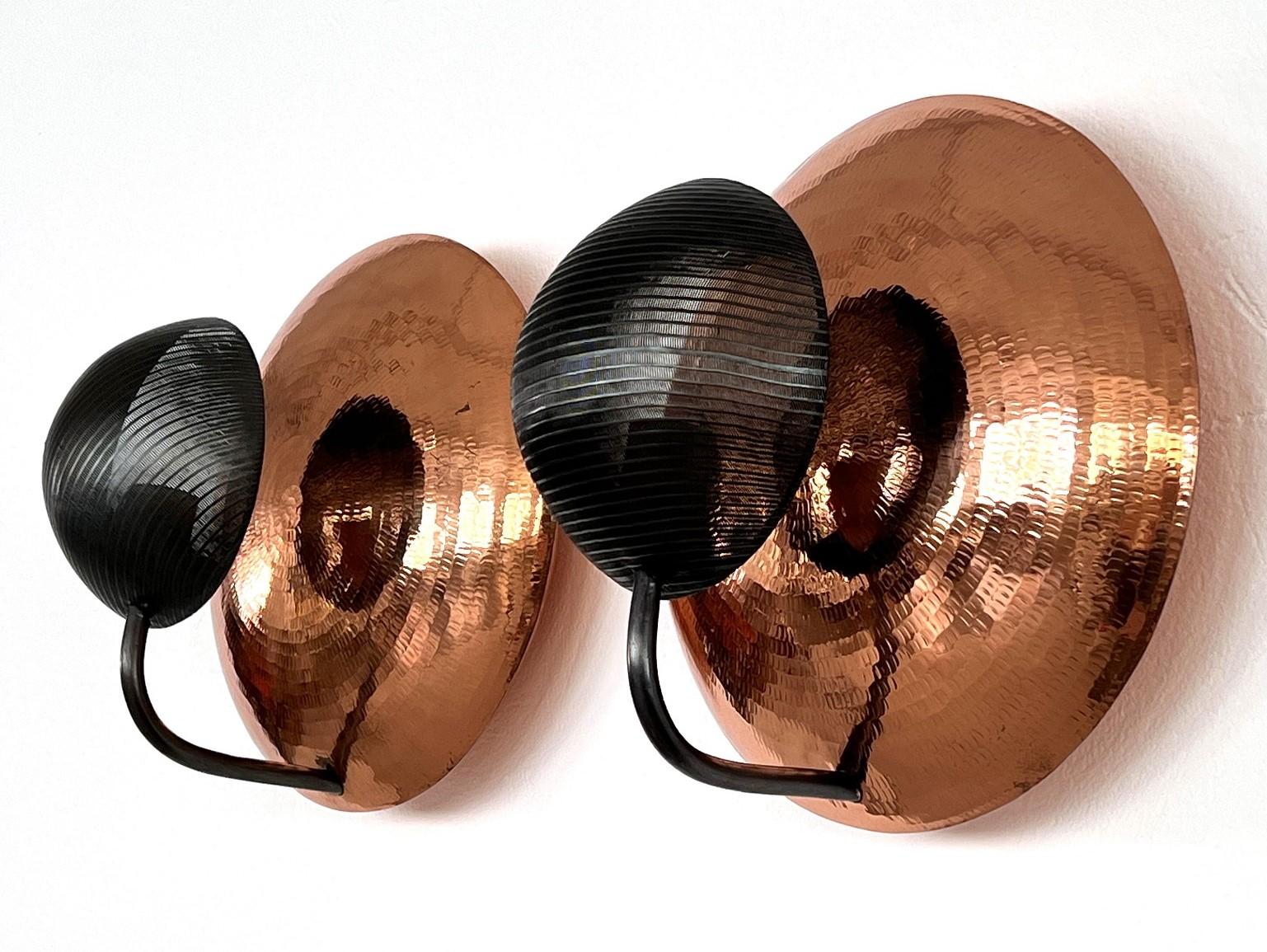 Mid-Century Modern Pair of Italian Wall Sconces in Copper and Black Perforated Metal, 1970s For Sale
