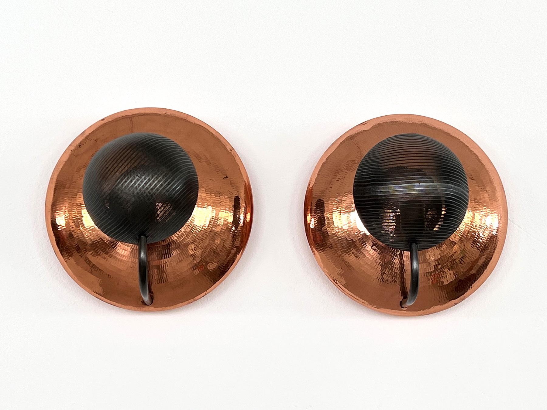 Pair of Italian Wall Sconces in Copper and Black Perforated Metal, 1970s In Good Condition For Sale In Morazzone, Varese