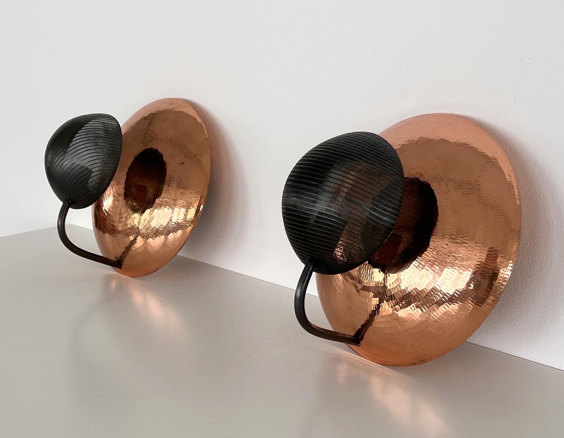 Late 20th Century Pair of Italian Wall Sconces in Copper and Black Perforated Metal, 1970s For Sale