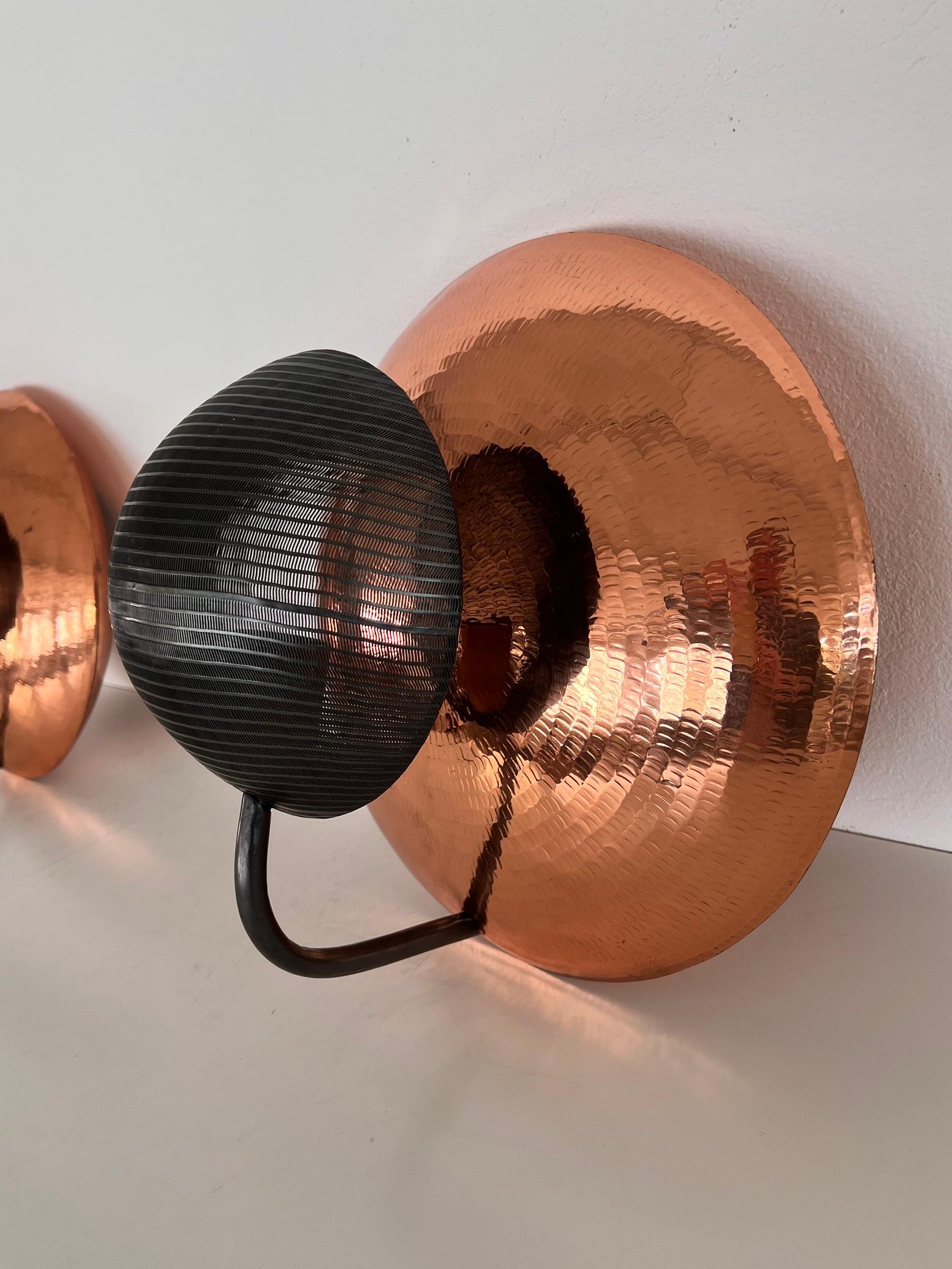 Pair of Italian Wall Sconces in Copper and Black Perforated Metal, 1970s For Sale 1