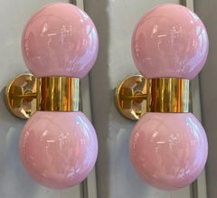 Pair of Italian Wall Sconces with Double Pink Murano Glass Globes brass finishes
