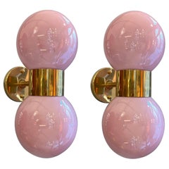 Pair of Italian Wall Sconces with Double Pink Murano Glass Globes brass finishes