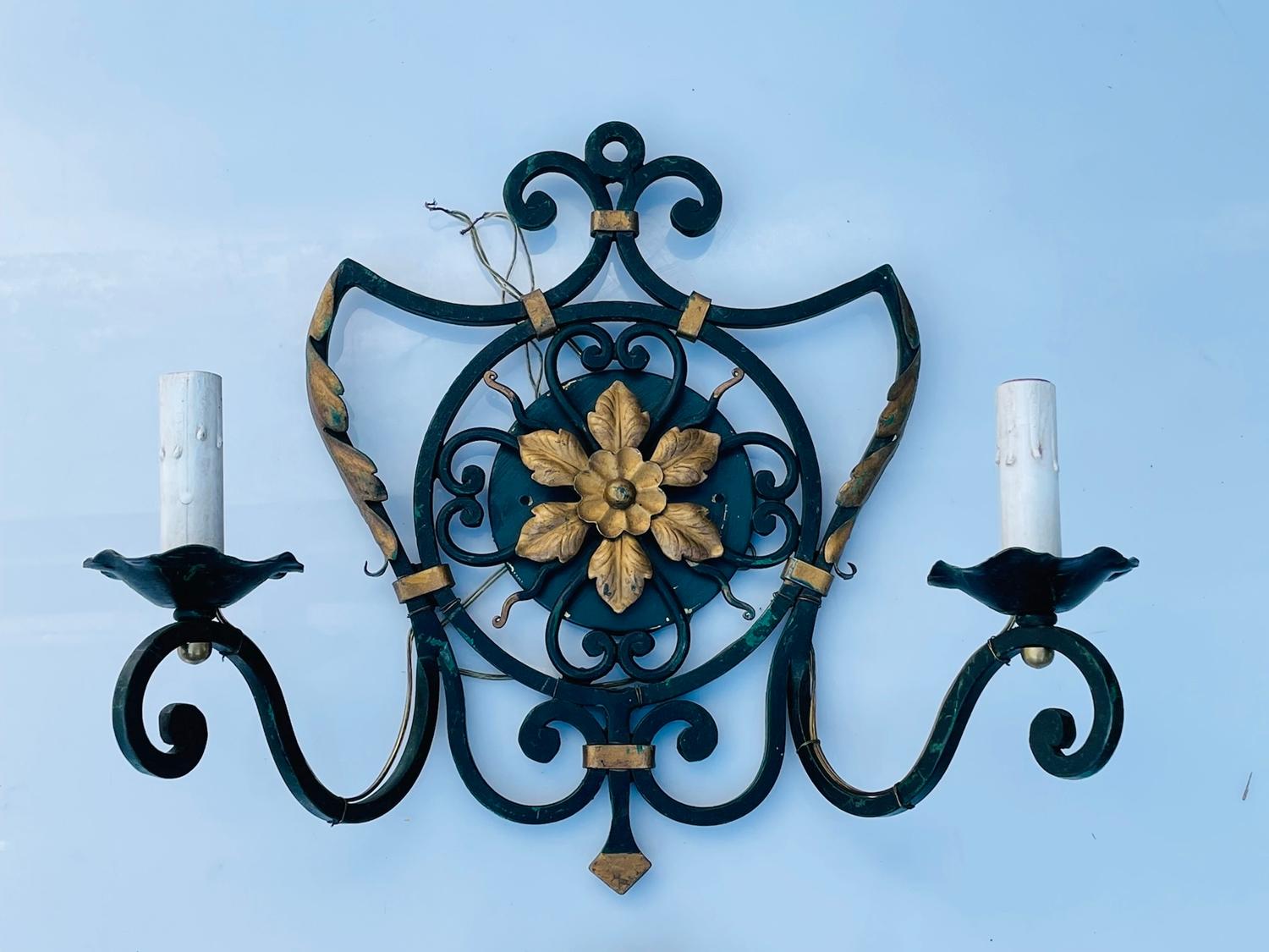 Regency Pair of Italian Wall Sconces with Metal Gilt Accents
