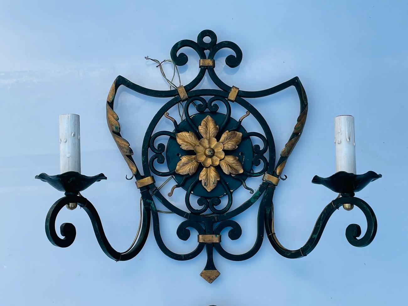 Steel Pair of Italian Wall Sconces with Metal Gilt Accents